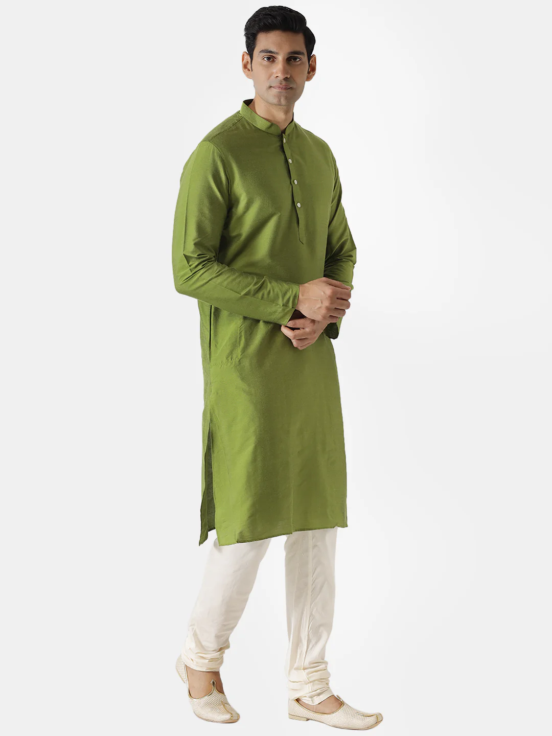 Green Solid Kurta with Cream Churidar - Image 2
