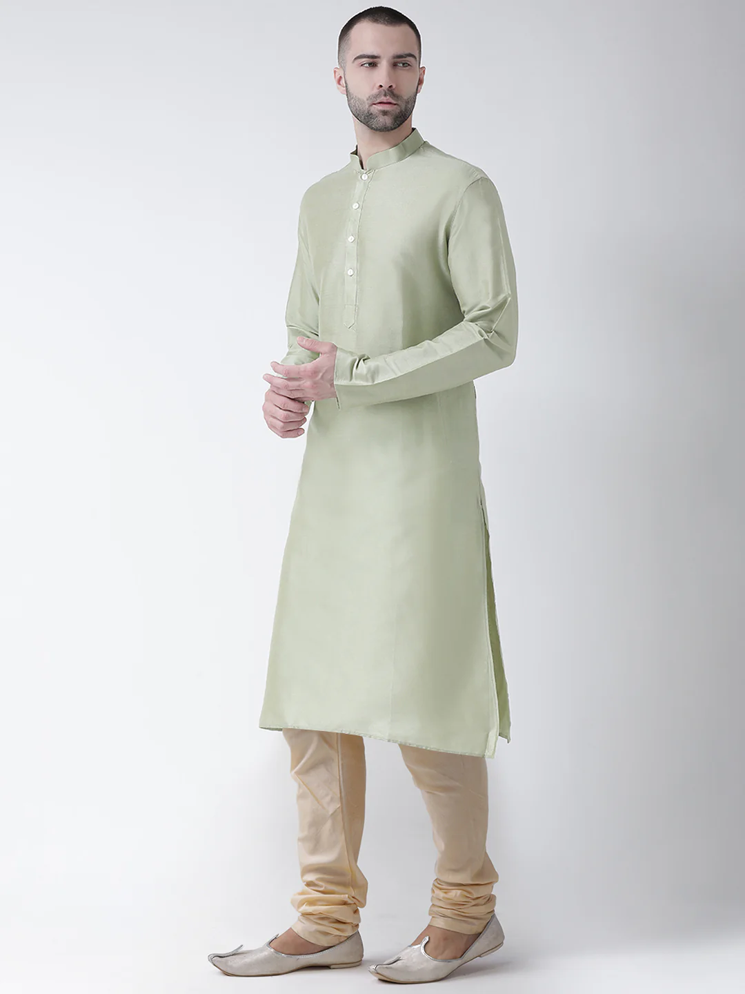 Light Green Silk Blend Kurta Set with Subtle Sheen and Beige Churidar â€“ Festive & Wedding Ensemble - Image 2
