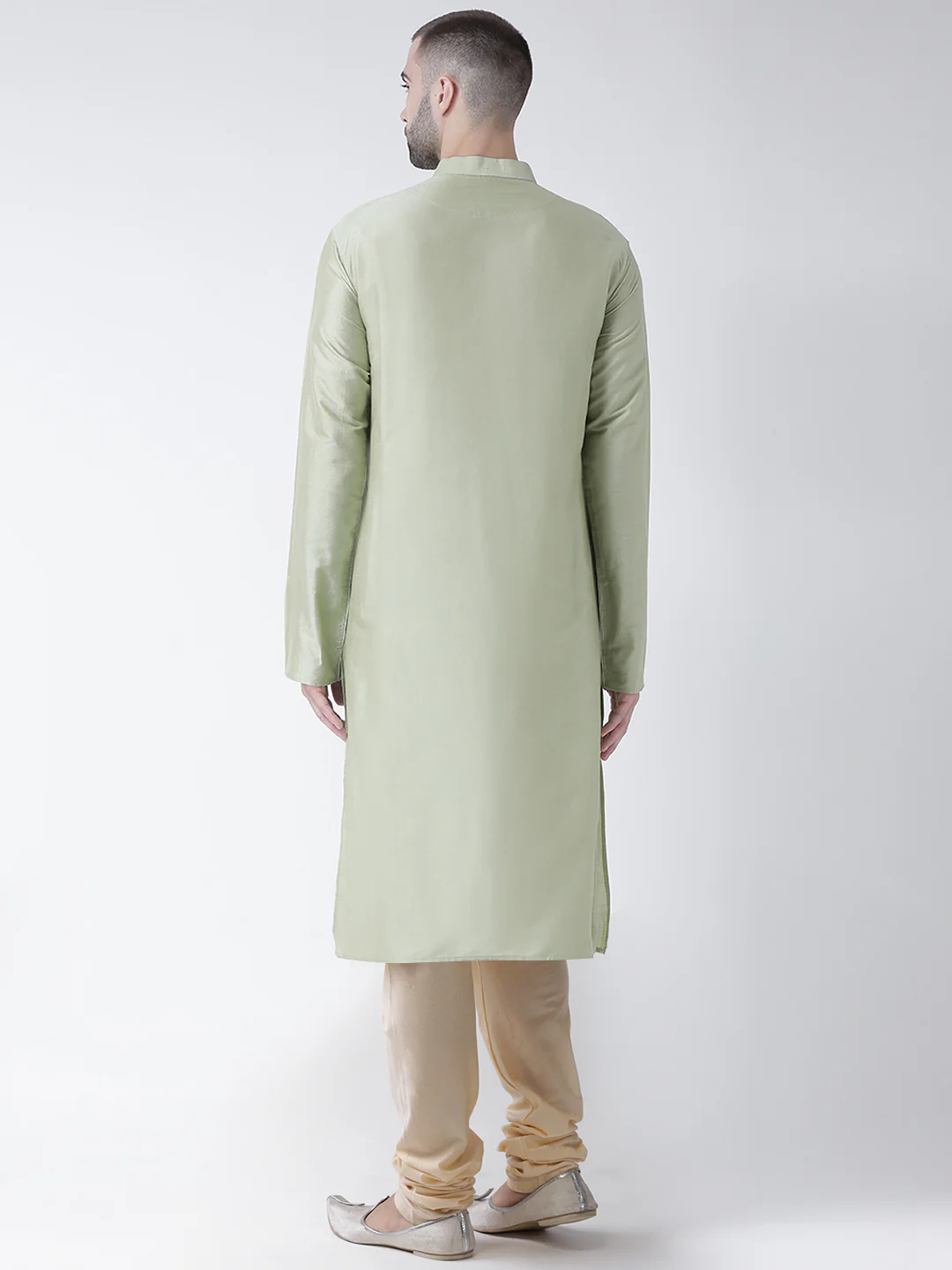 Light Green Silk Blend Kurta Set with Subtle Sheen and Beige Churidar â€“ Festive & Wedding Ensemble - Image 3