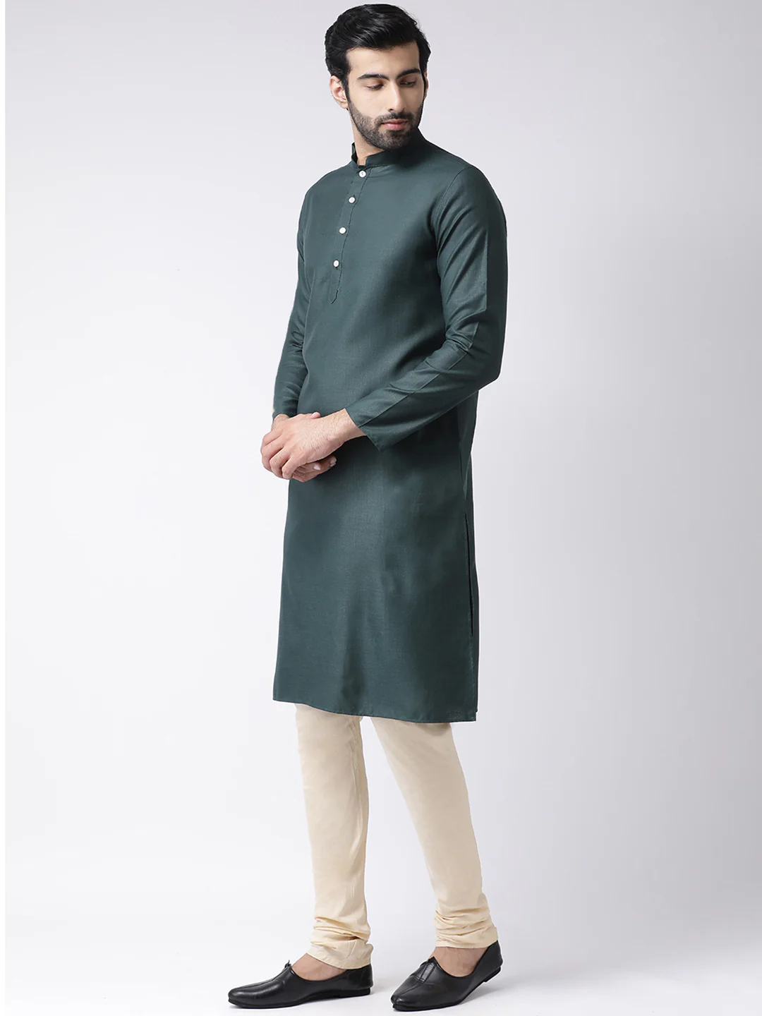 Dark Green Silk Blend Solid Kurta Churidar Set - Image 2