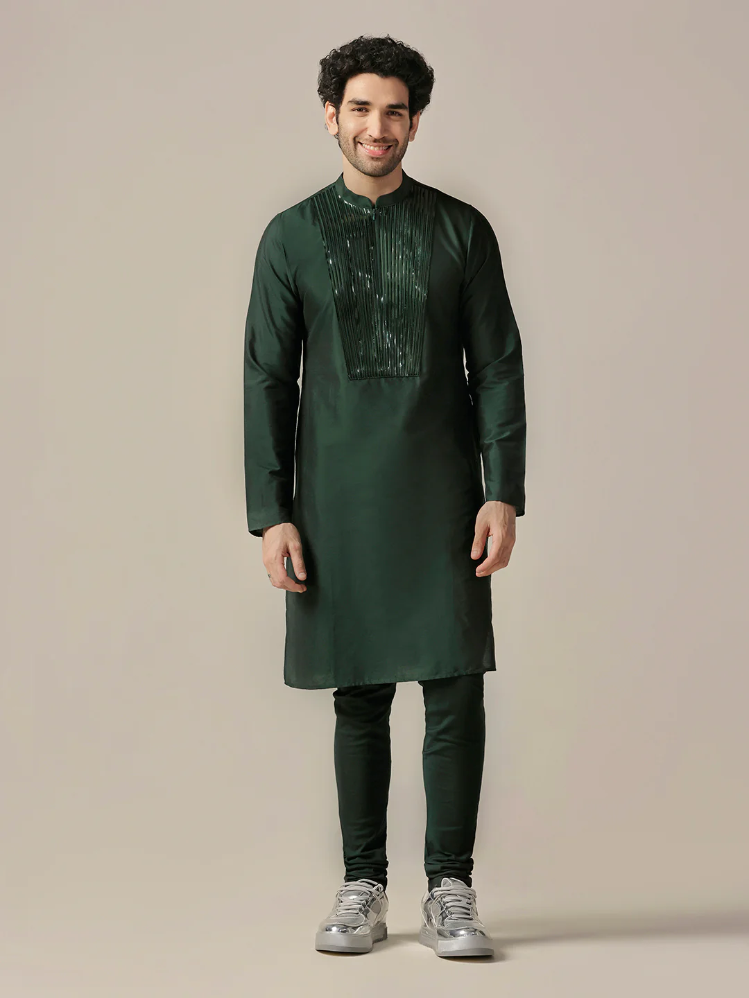 Men Green Kurta Churidar Set - Image 2