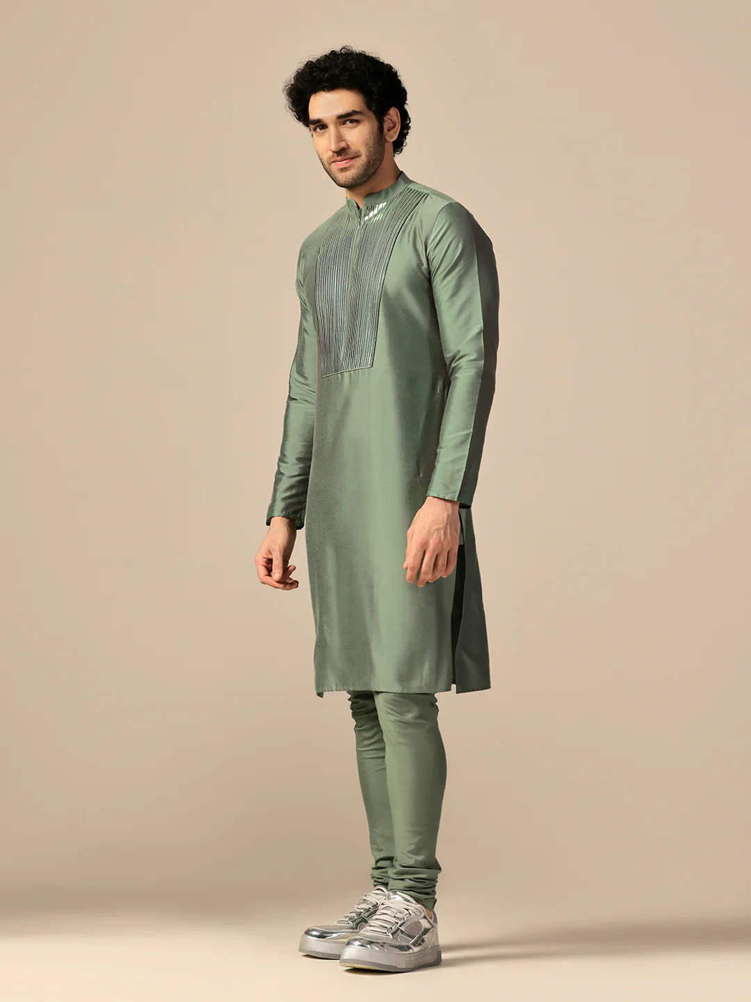 Men Green Kurta Churidar Set - Image 2