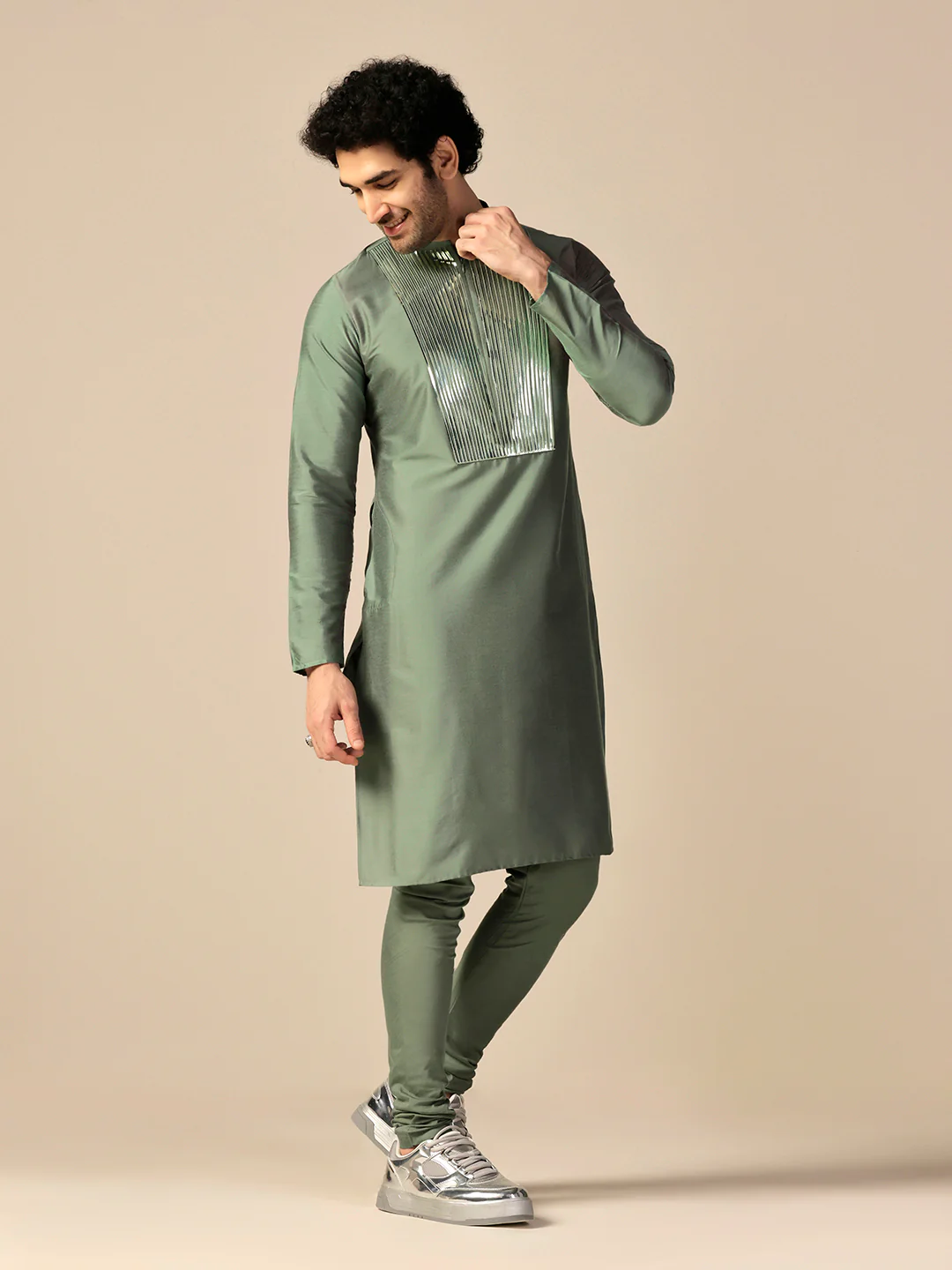 Men Green Kurta Churidar Set - Image 3