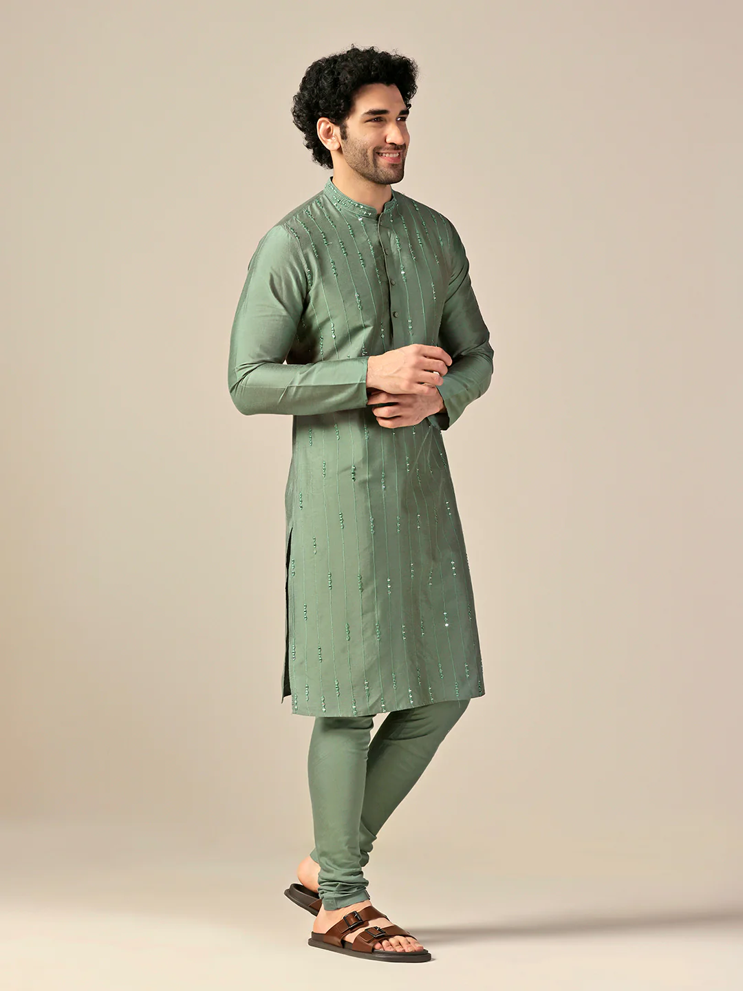Men Green Kurta Churidar Set - Image 3