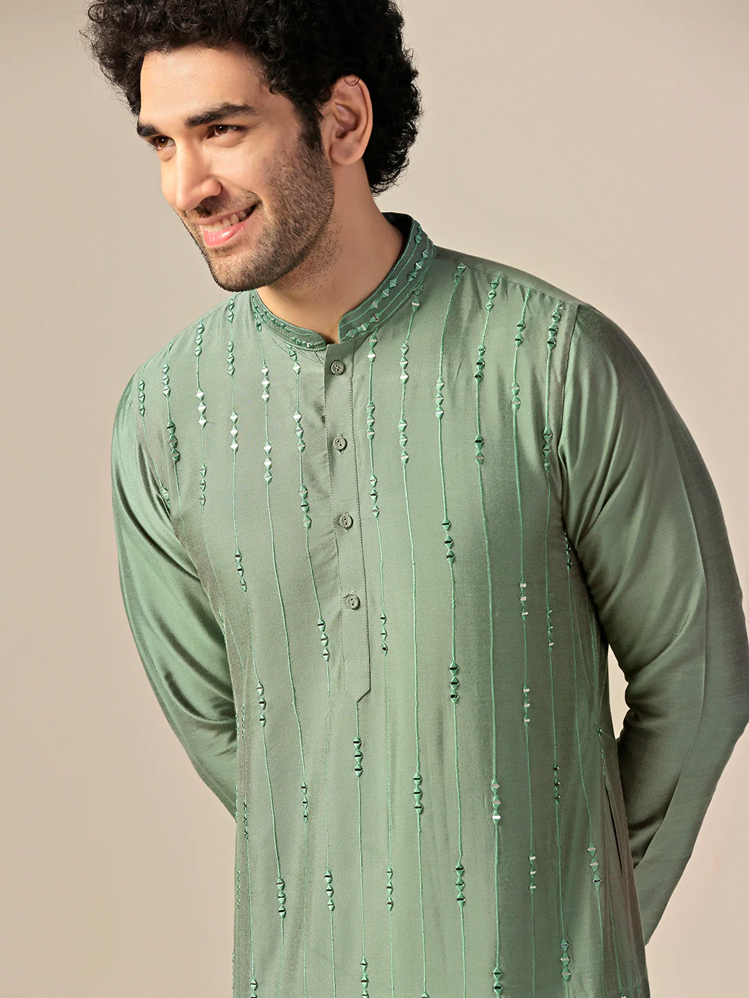 Men Green Kurta Churidar Set - Image 5