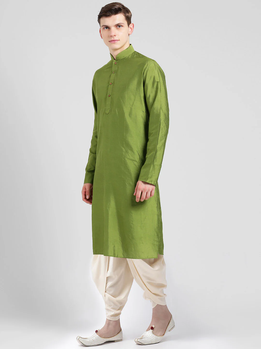Green Solid Kurta with Cream Dhoti Set - Image 2