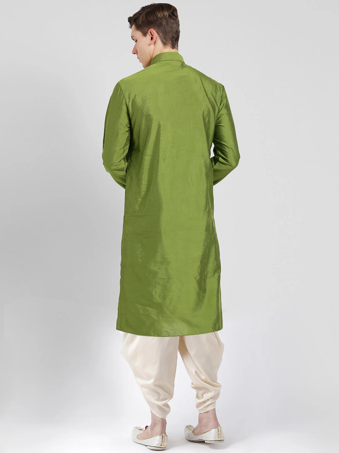 Green Solid Kurta with Cream Dhoti Set - Image 3