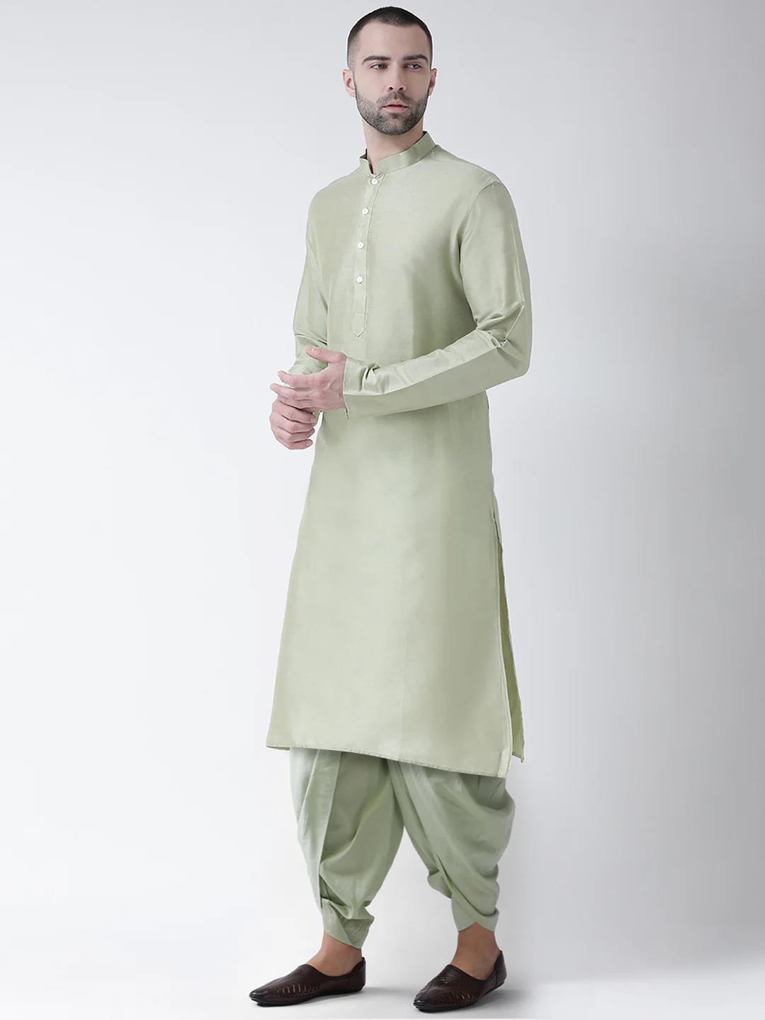 Mint Green Silk Blend Solid Kurta Dhoti Set - Image 2