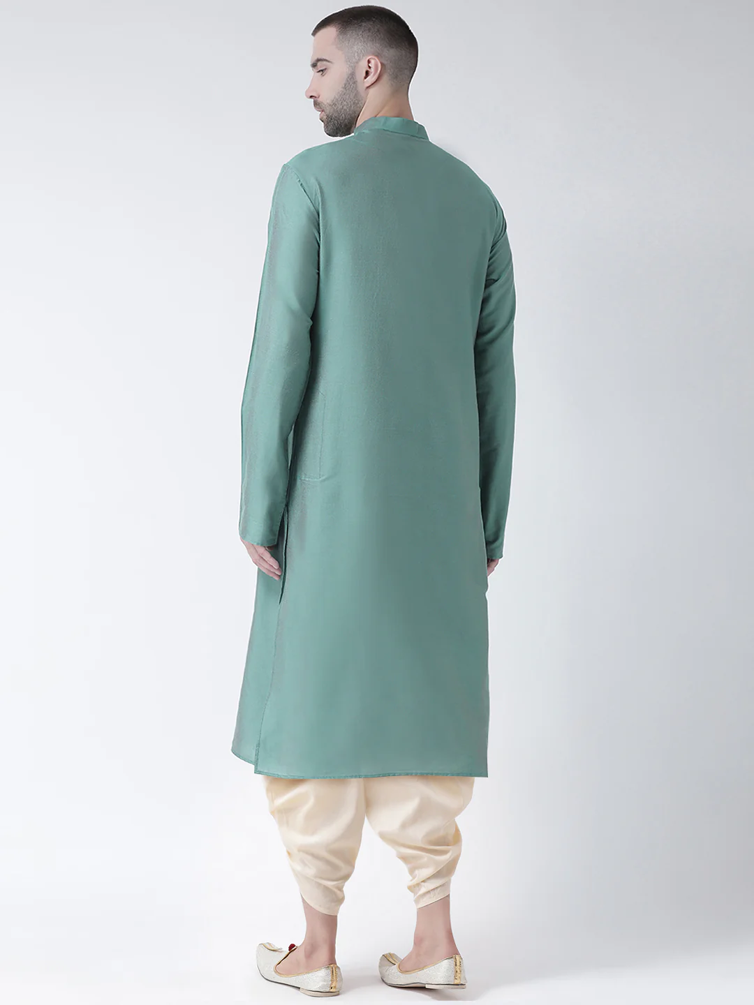 Green Silk Blend Solid Long Kurta - Image 3