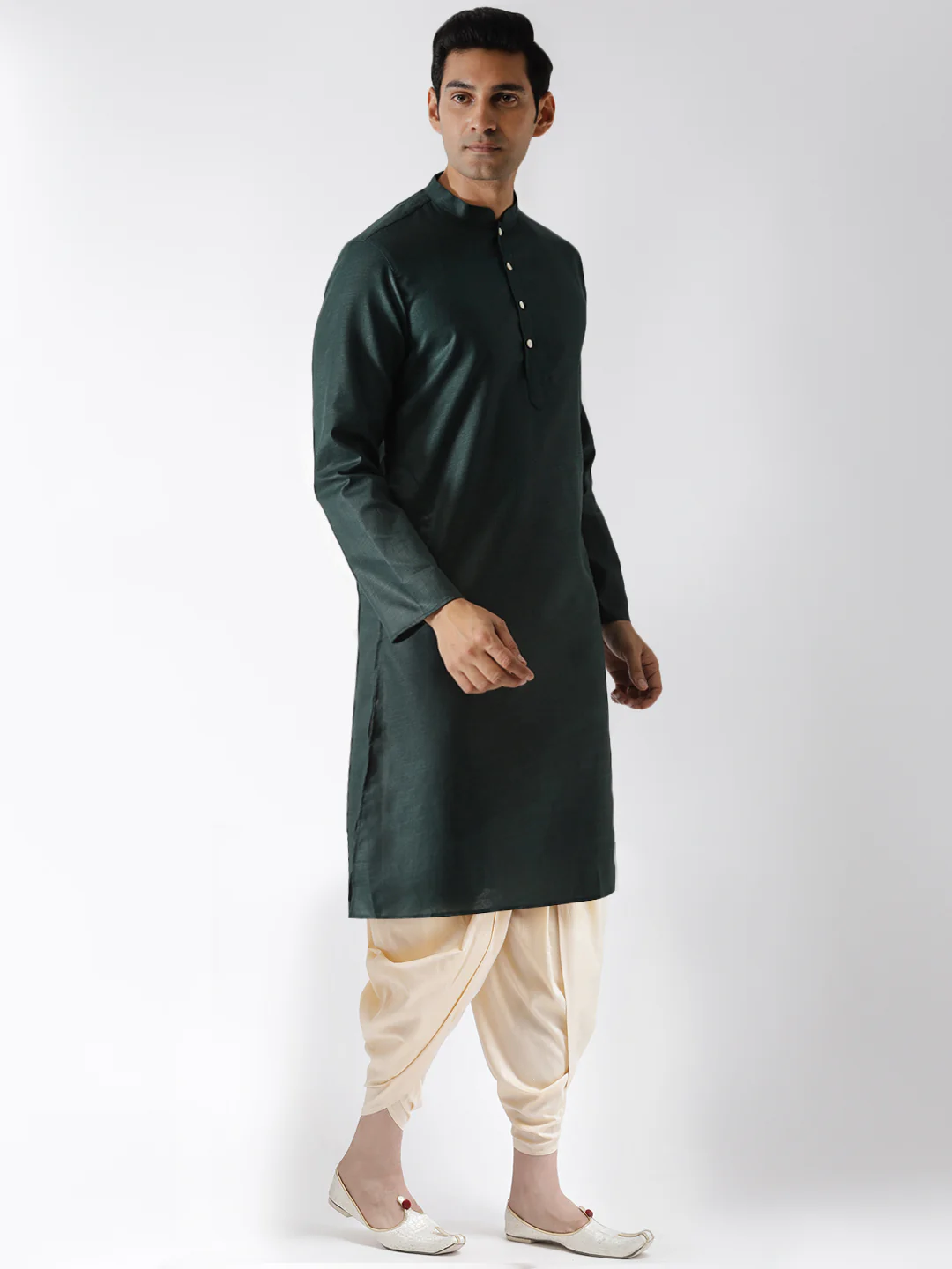 Dark Green Silk Blend Kurta with Cream Dhoti - Image 2