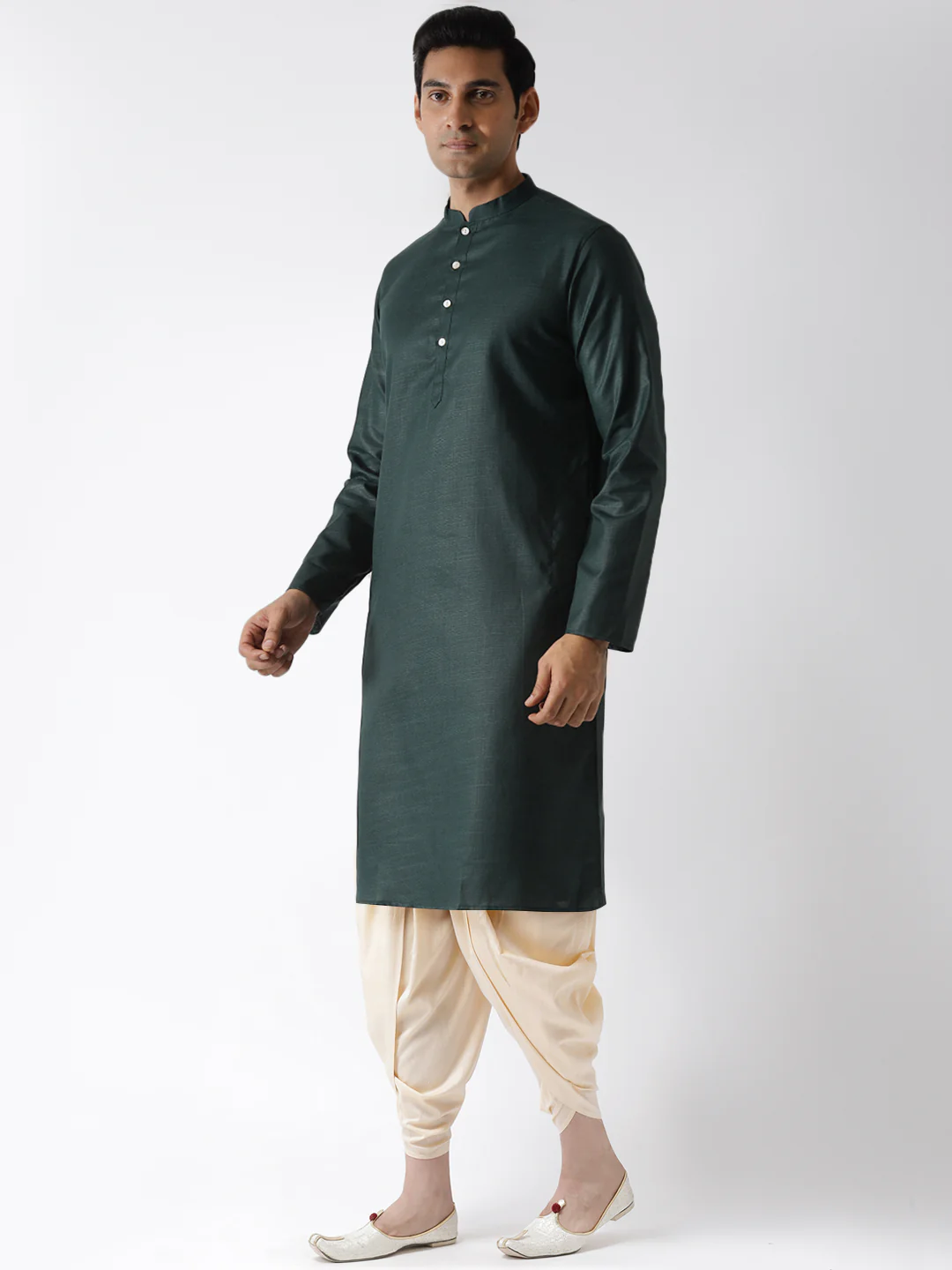 Dark Green Silk Blend Kurta with Cream Dhoti - Image 3