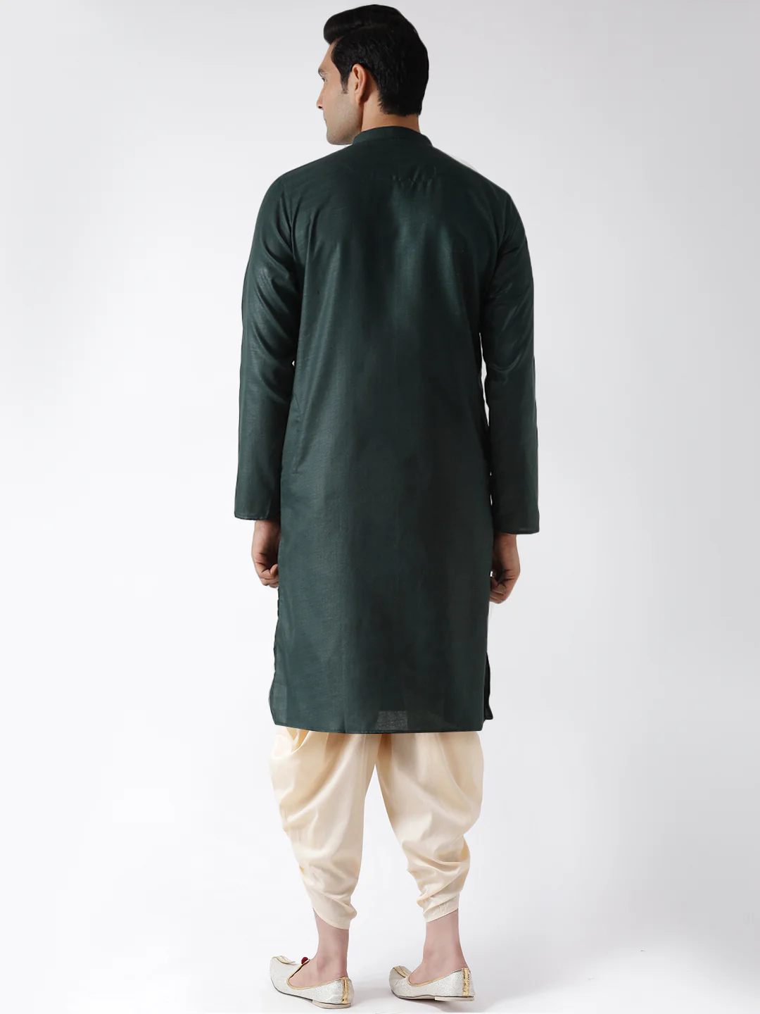 Dark Green Silk Blend Kurta with Cream Dhoti - Image 4