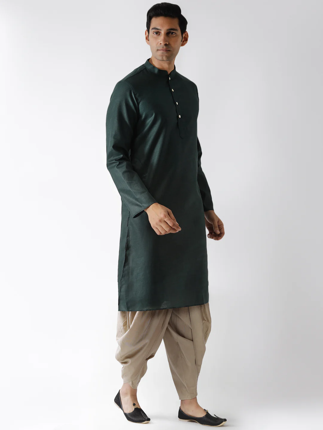 Dark Green Silk Kurta with Beige Dhoti - Image 2