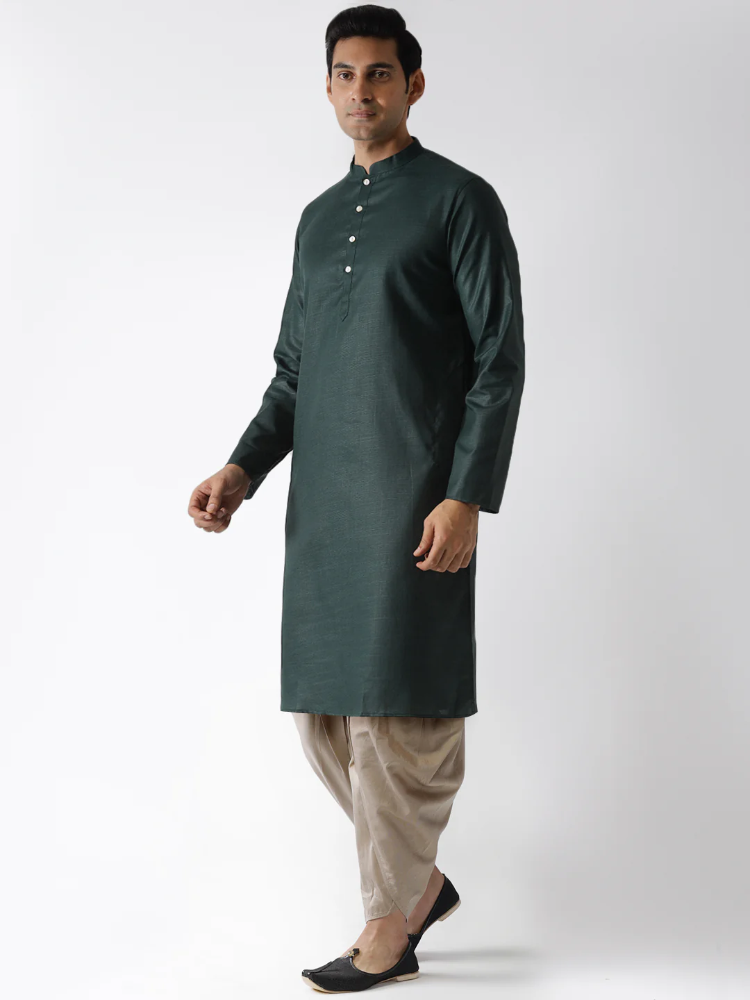 Dark Green Silk Kurta with Beige Dhoti - Image 3