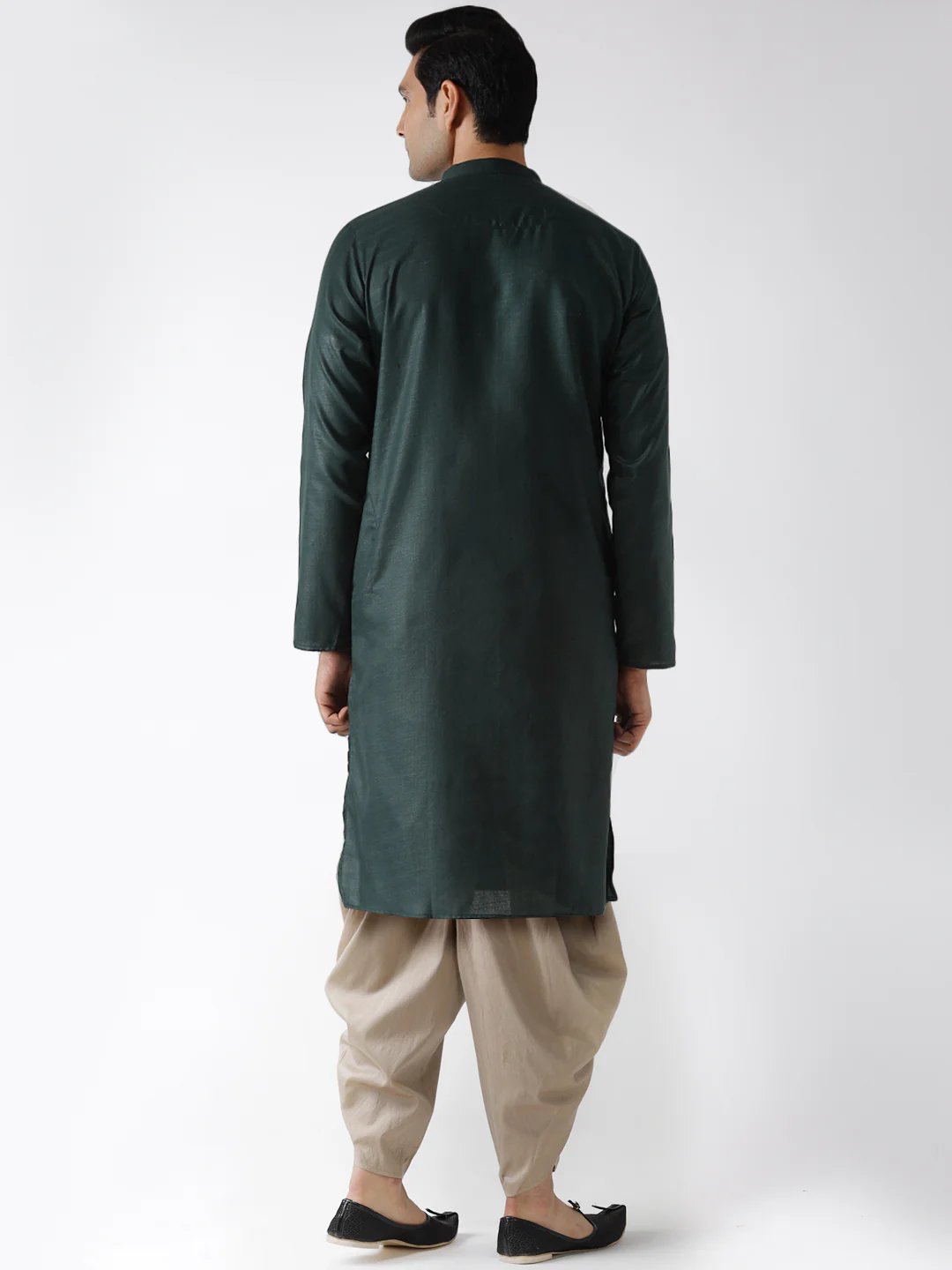 Dark Green Silk Kurta with Beige Dhoti - Image 4