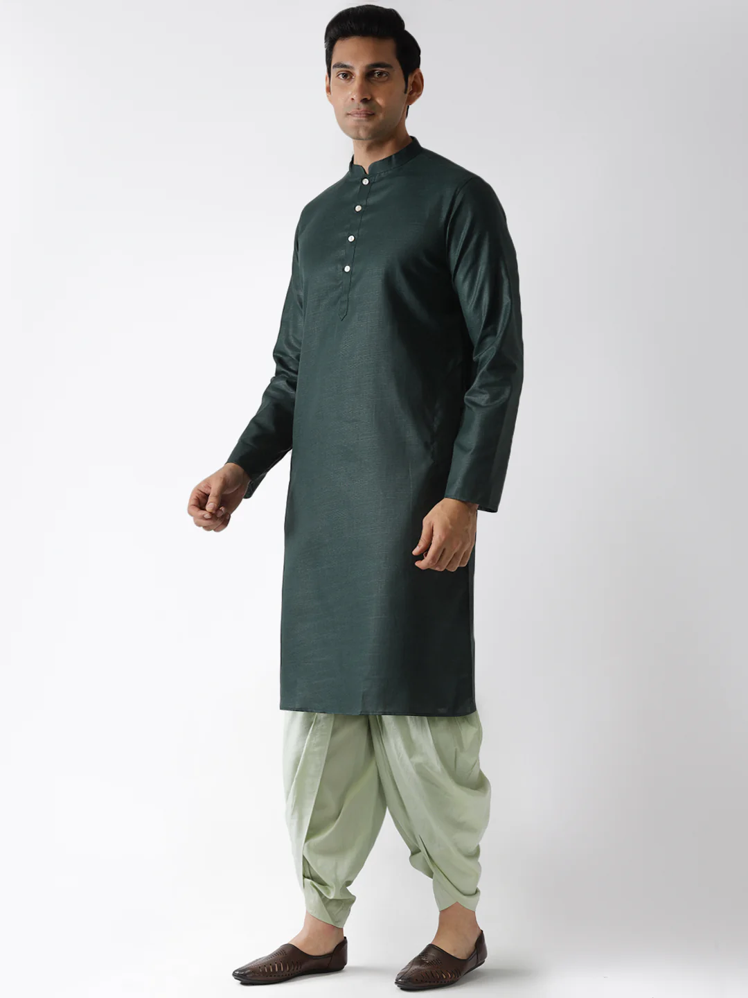 Dark Green Solid Kurta with Light Green Dhoti - Image 3