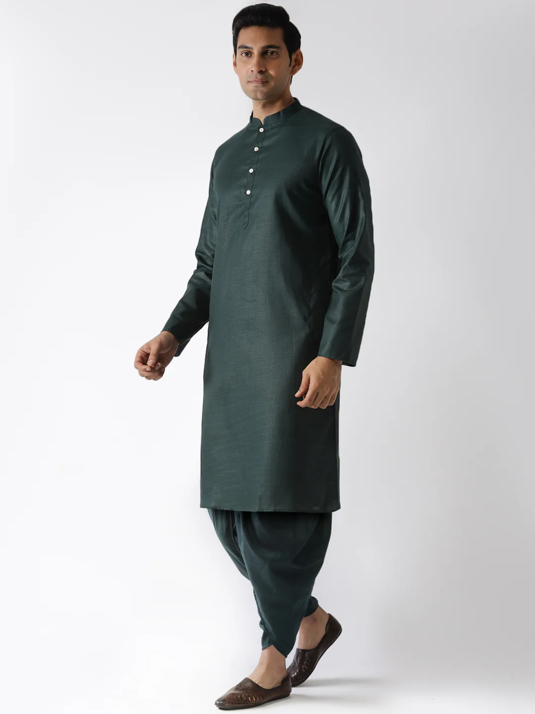 Bottle Green Solid Kurta Dhoti Set - Image 3