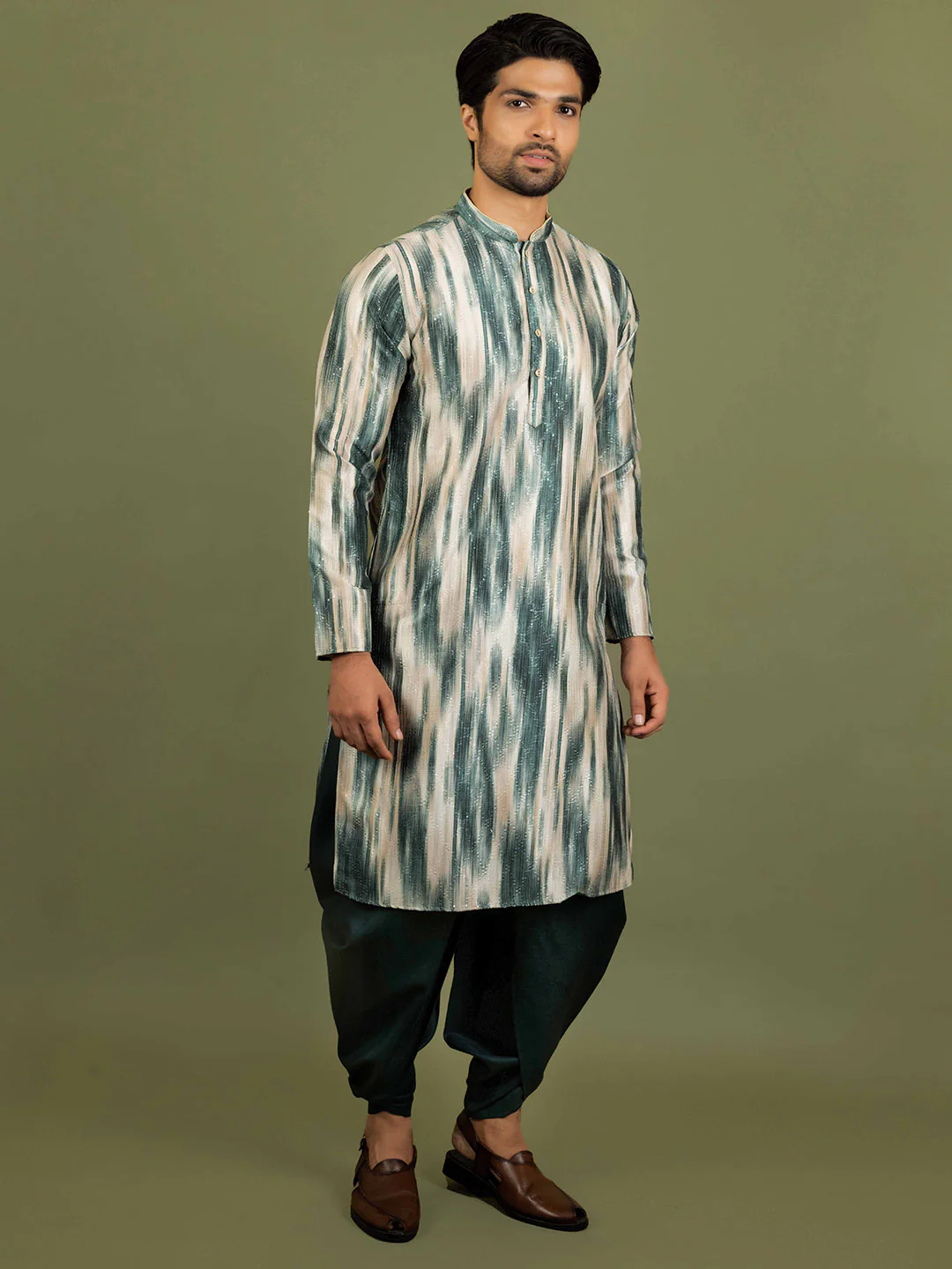 Men Green Kurta Dhoti Set - Image 2