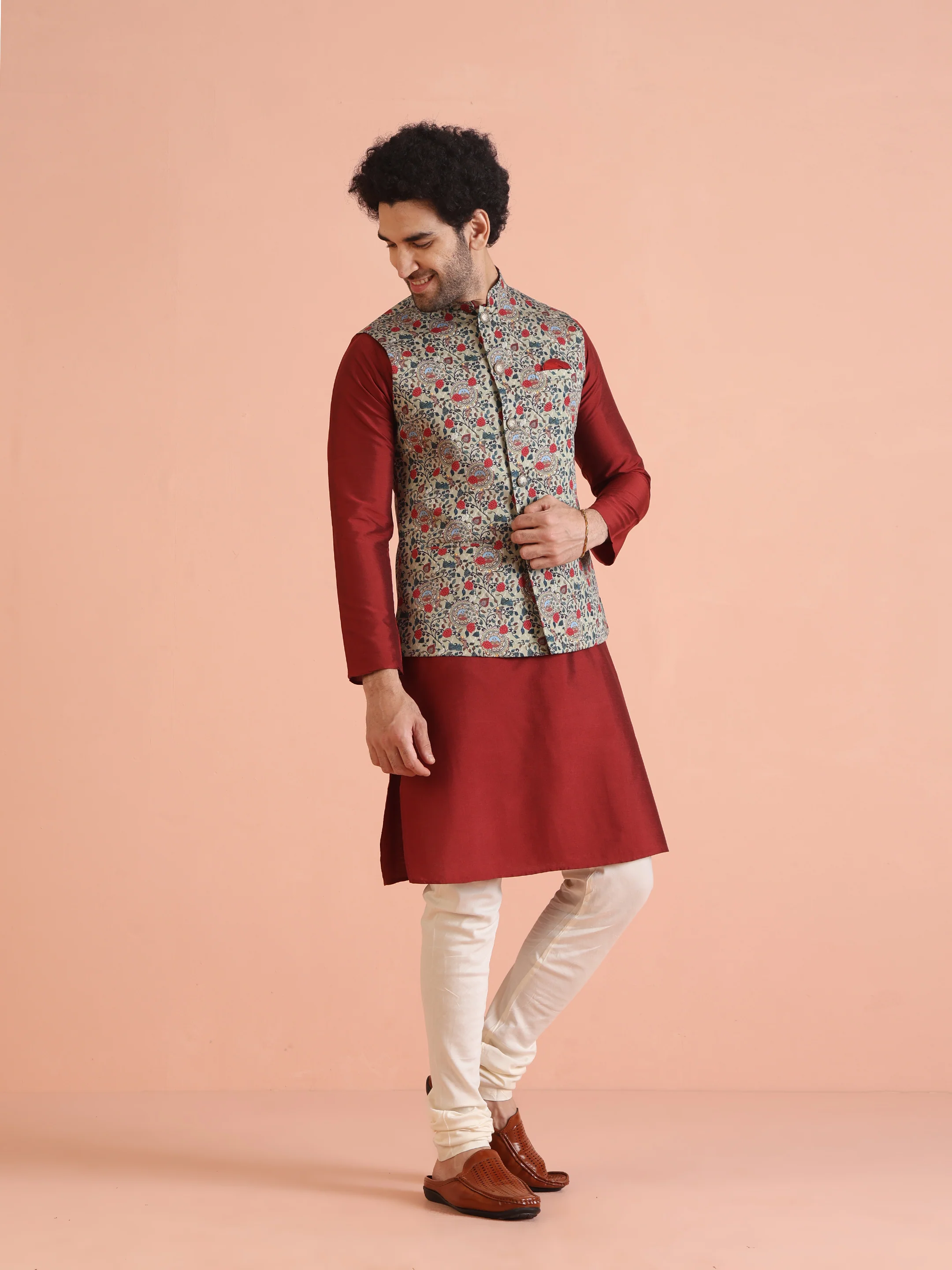 Multi-Coloured Cotton Floral Nehru Jacket Kurta Set - Image 3