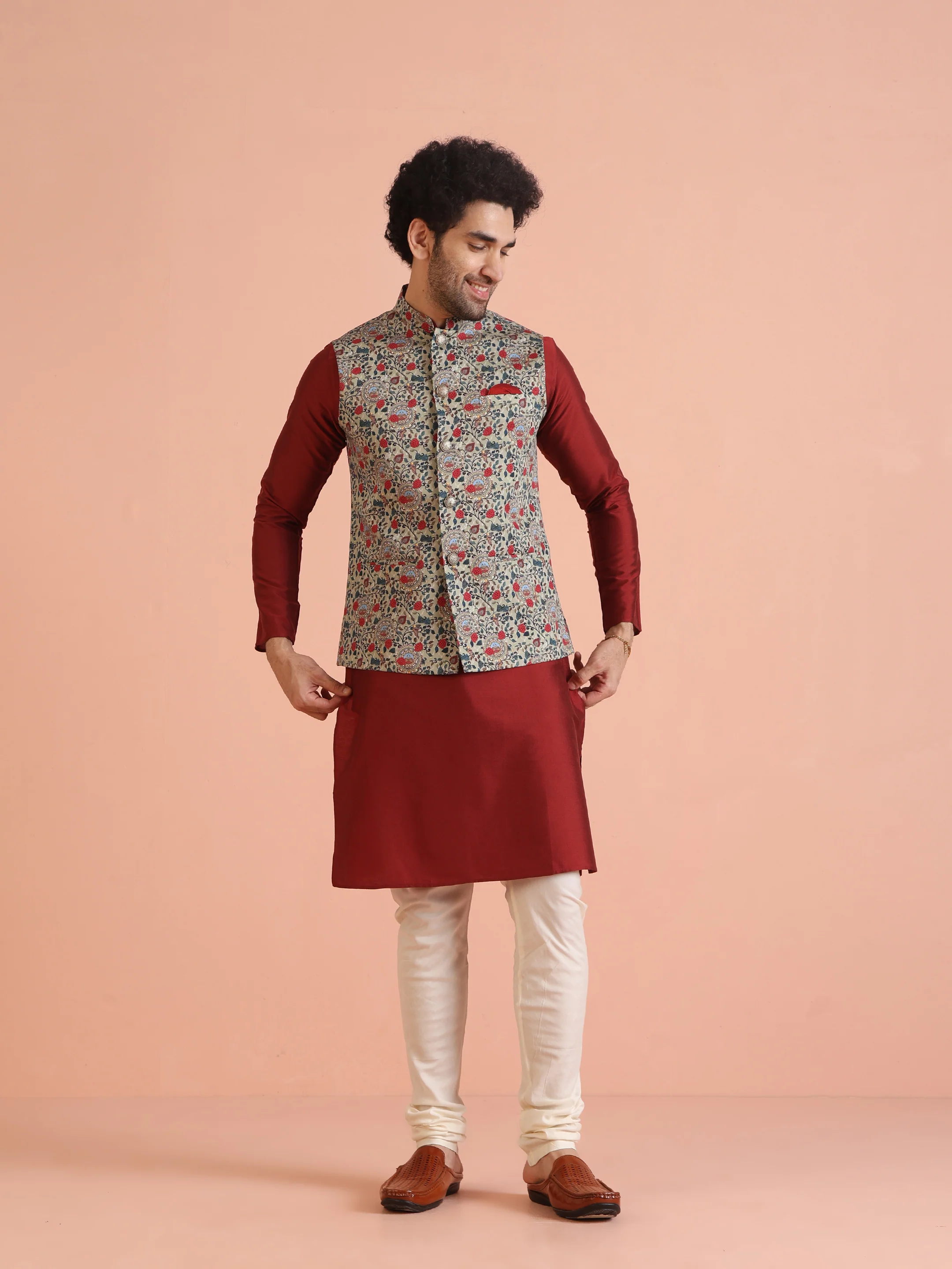 Multi-Coloured Cotton Floral Nehru Jacket Kurta Set - Image 8
