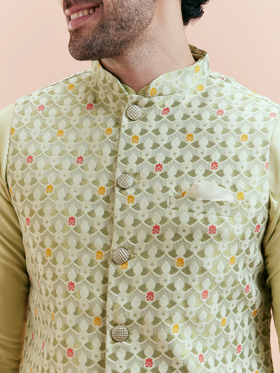 Green Silk Woven Nehru Jacket Kurta Churidar Set - Image 2