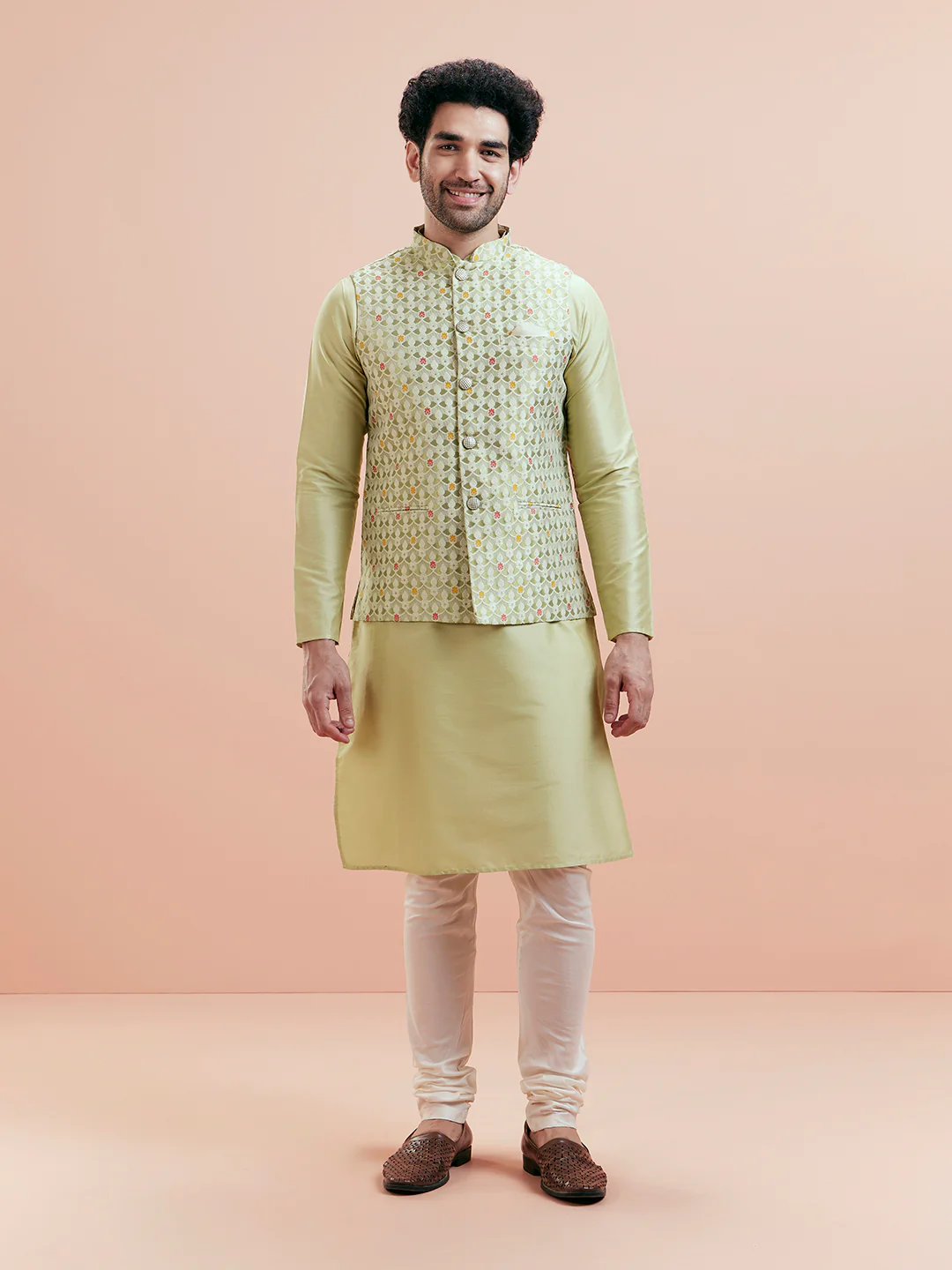 Green Silk Woven Nehru Jacket Kurta Churidar Set - Image 8