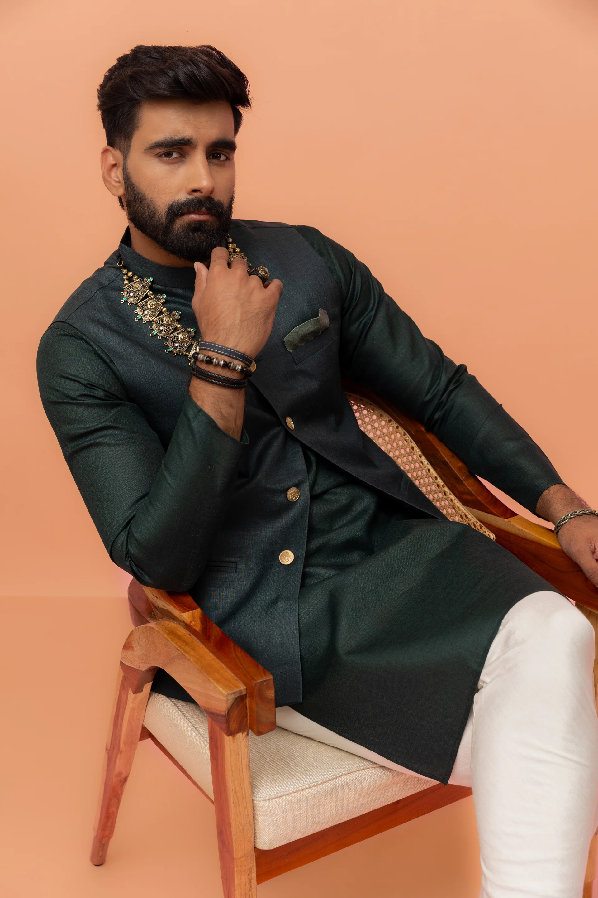 Green Cotton Nehru Jacket Kurta Churidar Set - Image 8