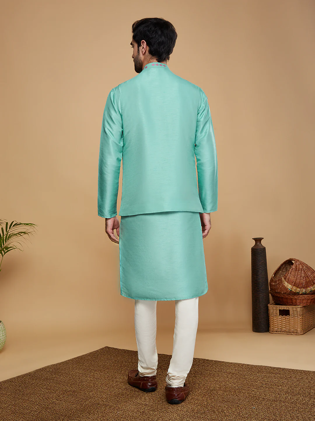 Men Green Kurta Jacket Churidar Set - Image 4
