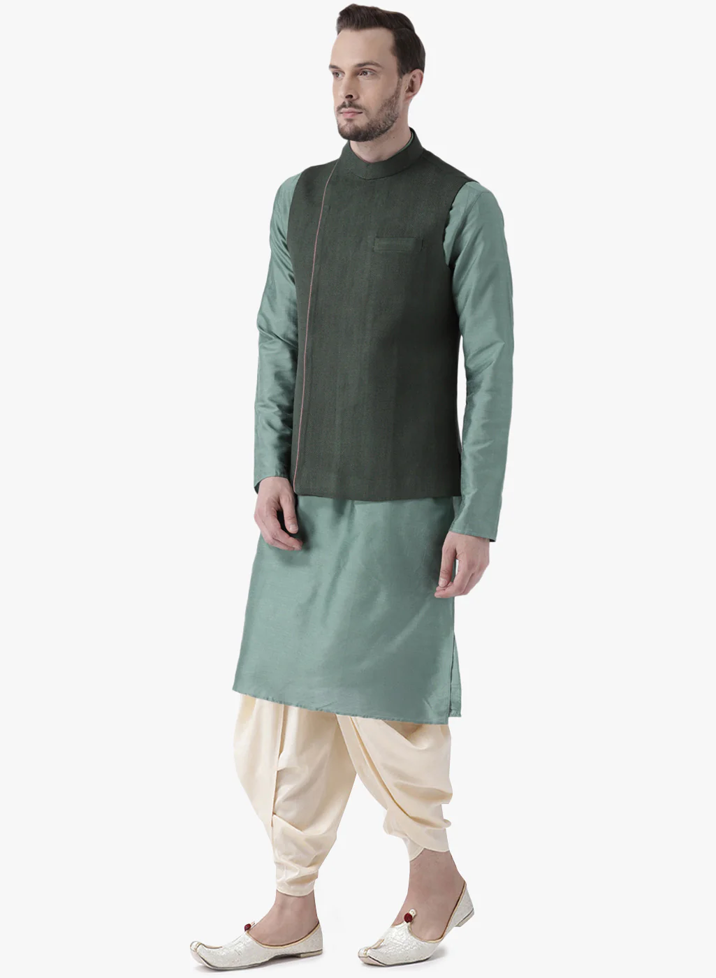Kisah Men Green Kurta Jacket Dhoti  Set - Image 2