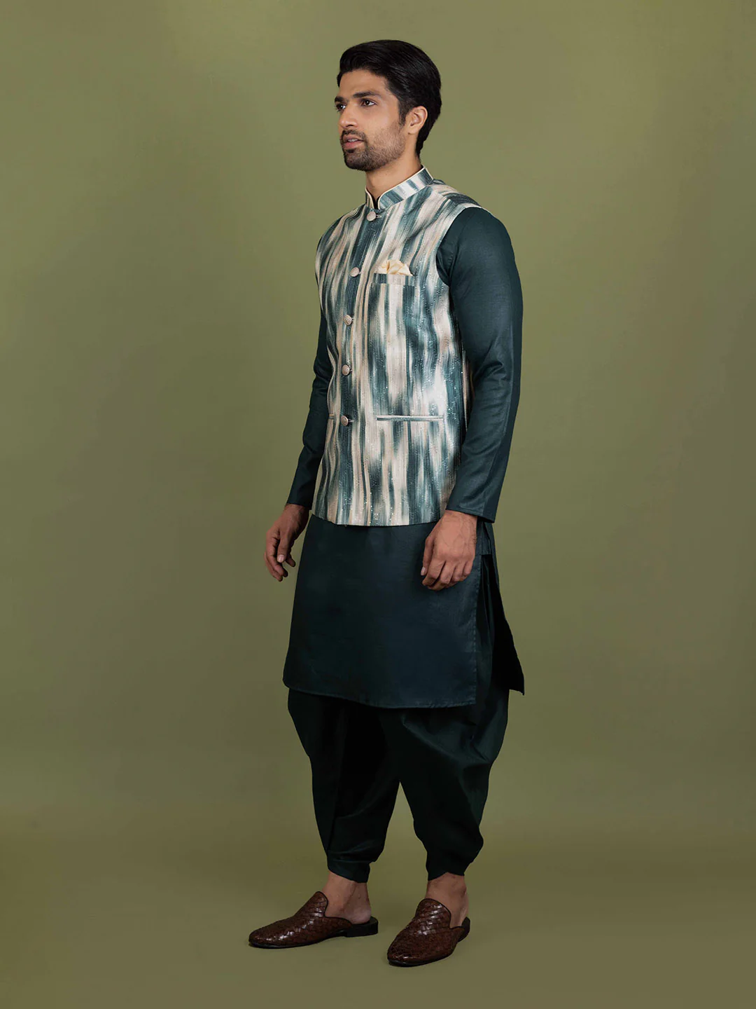 Kisah Men Green Kurta Jacket Dhoti Set - Image 3