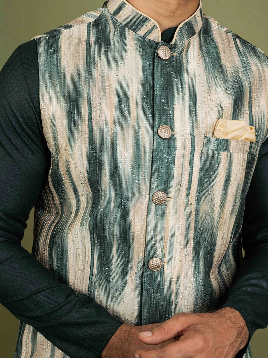 Kisah Men Green Kurta Jacket Dhoti Set - Image 6