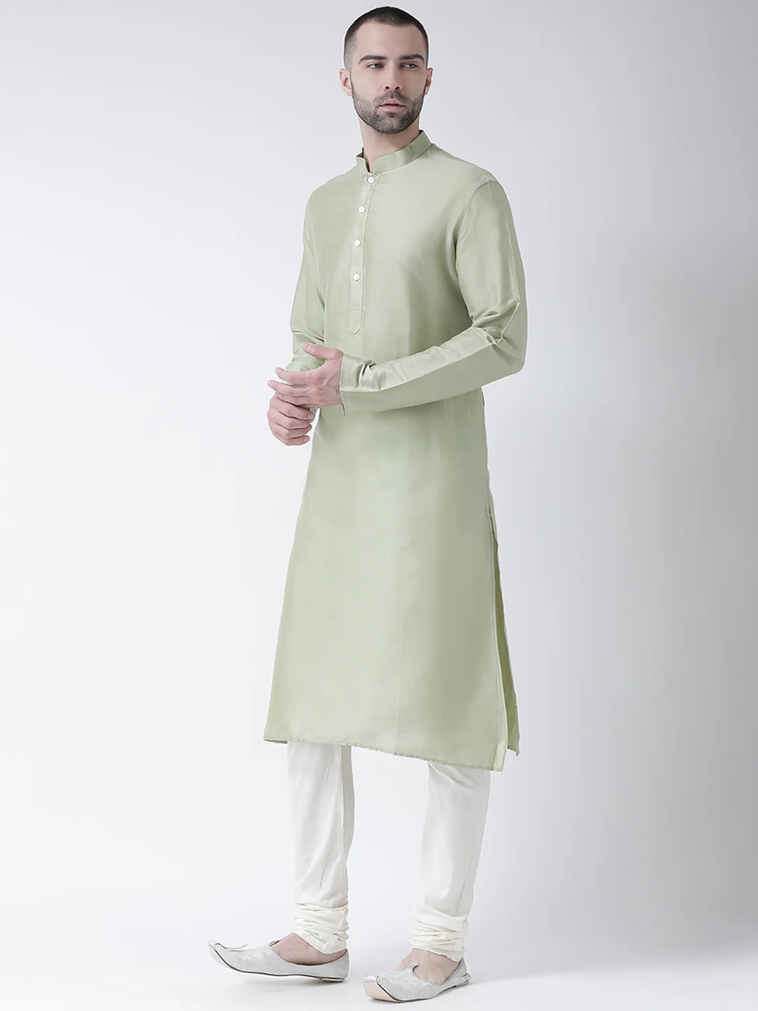 Light Green Silk Blend Solid Long Kurta - Image 2