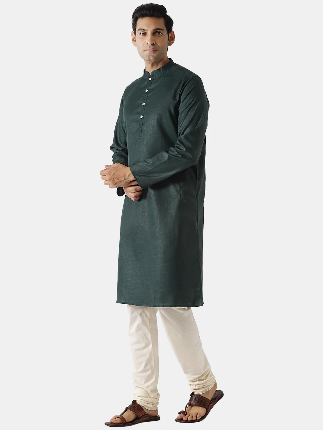 Men Green Solid Dyed Kurta - Image 3
