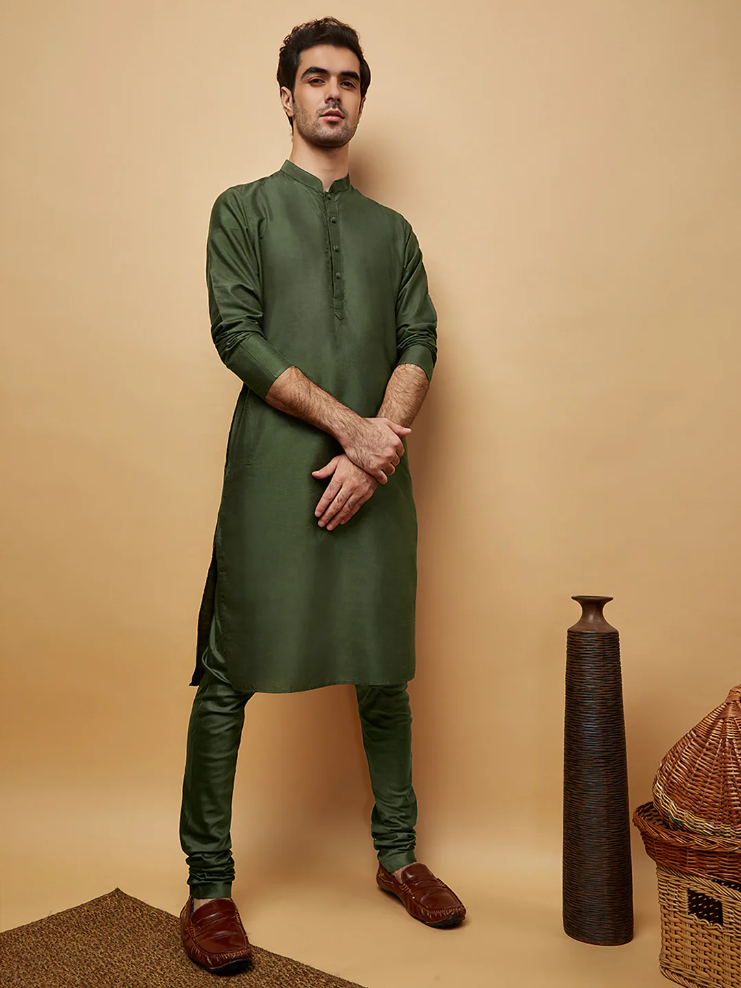 Green Silk Blend Solid Long Kurta - Image 6