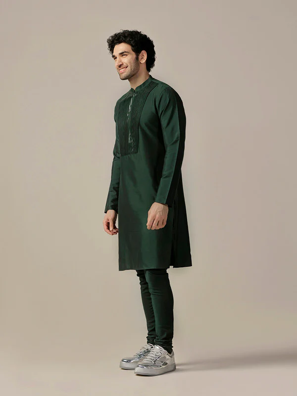 Green Silk Blend Metallic tape Kurta Long - Image 3