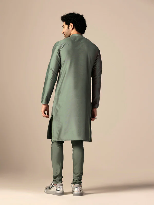 Green Silk Metallic Embellished Long Kurta - Image 4