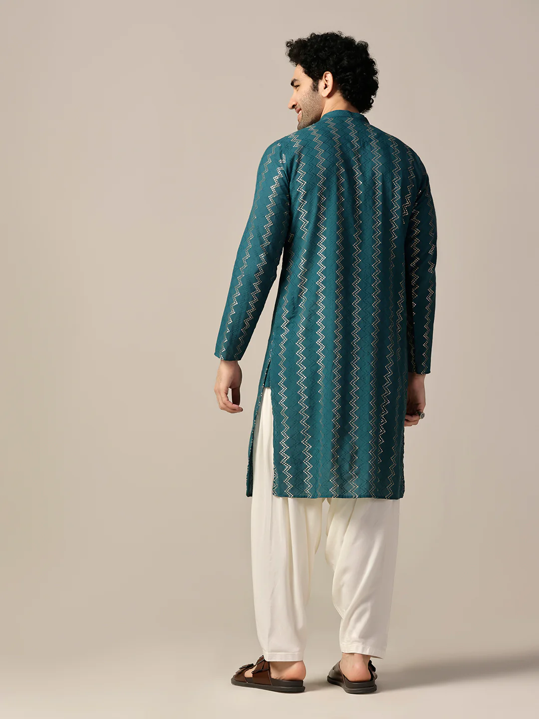 Teal Green Art Silk Geometric Long Kurta - Image 4