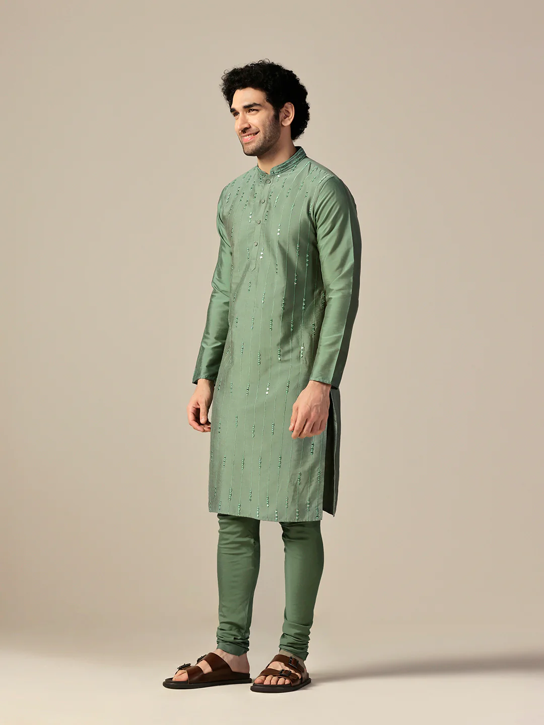 Green Silk Blend Mirror Work Long Kurta - Image 2