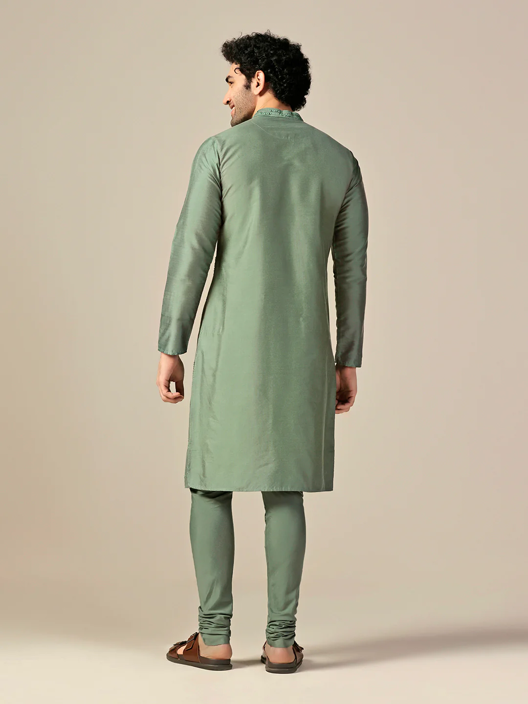 Green Silk Blend Mirror Work Long Kurta - Image 4