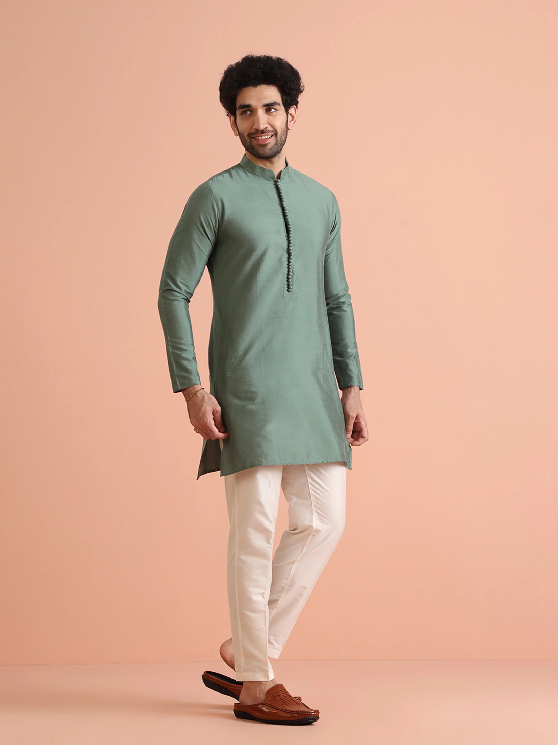 Sage Green Solid Silk Blend Kurta - Image 3