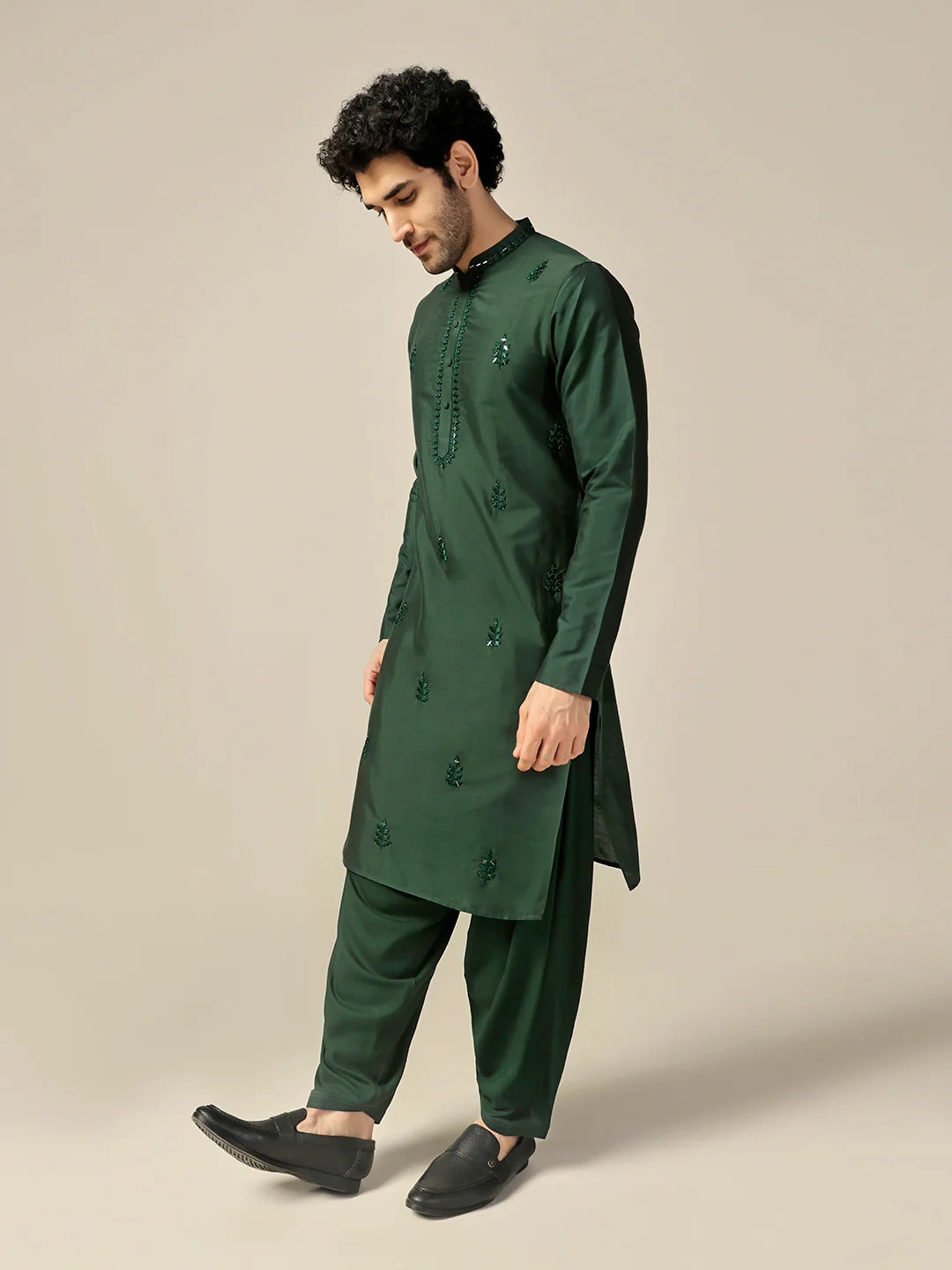 Men Green Mirror Work Embroidered Kurta Patiala Set - Image 4