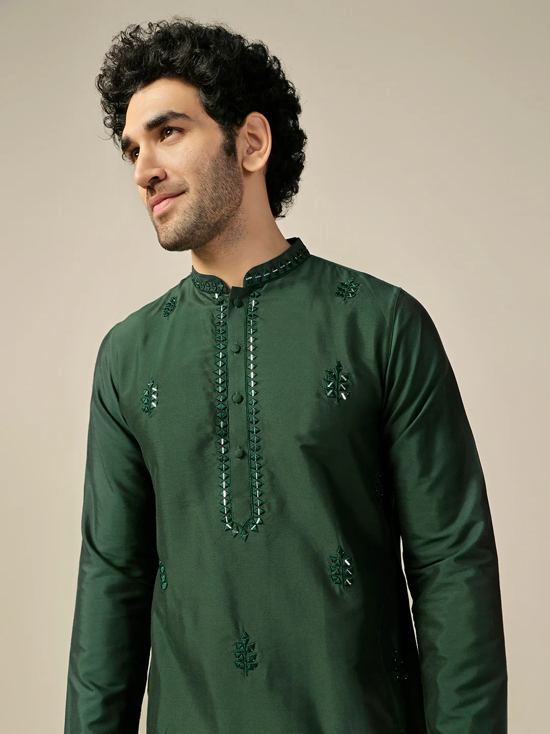 Men Green Mirror Work Embroidered Kurta Patiala Set - Image 6