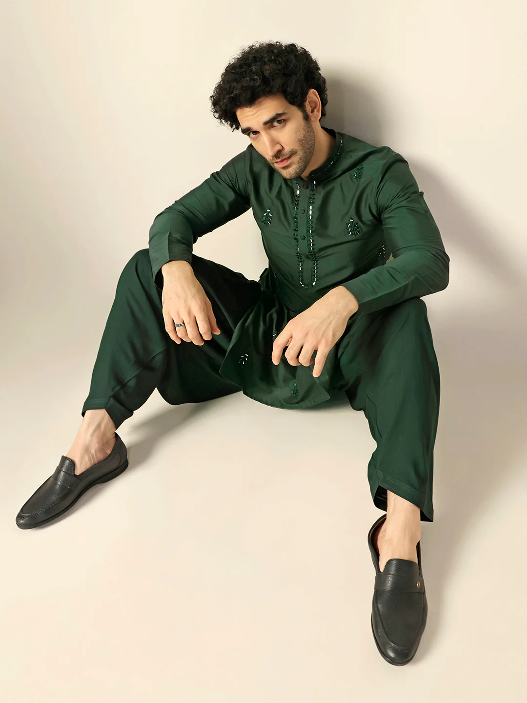 Men Green Mirror Work Embroidered Kurta Patiala Set - Image 8