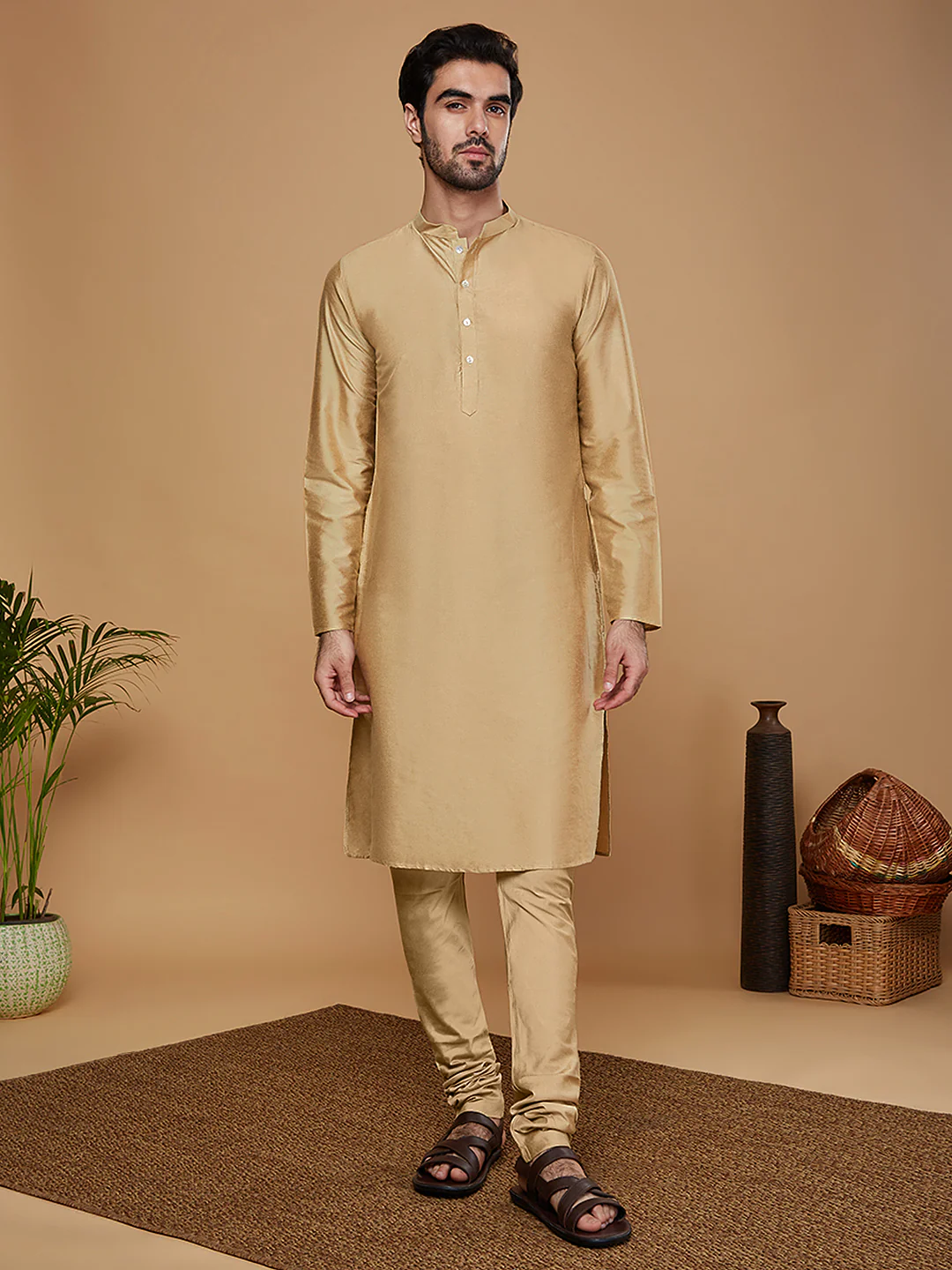 Men Green Kurta Sherwani Churidar Set - Image 5