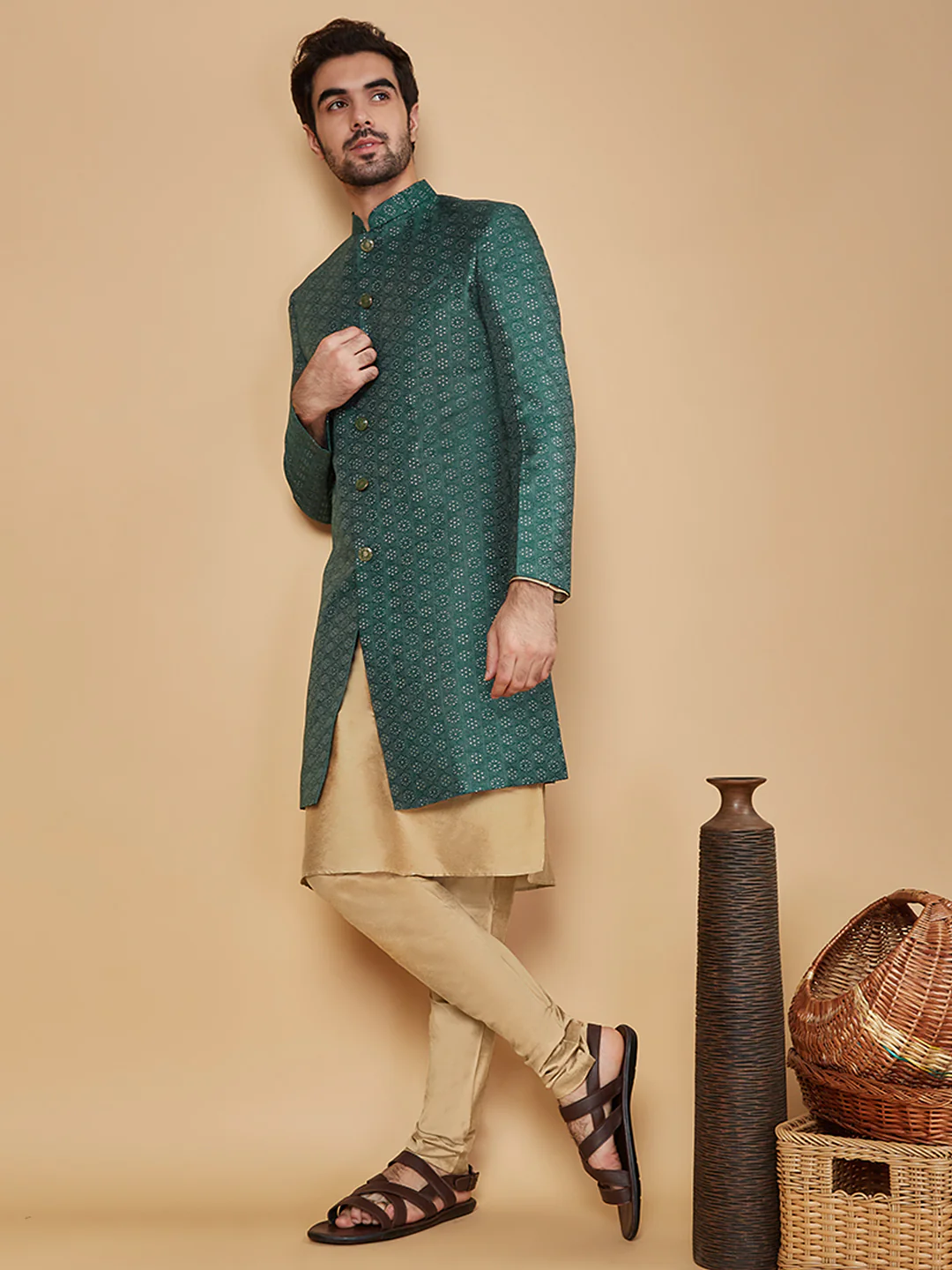 Men Green Kurta Sherwani Churidar Set - Image 8