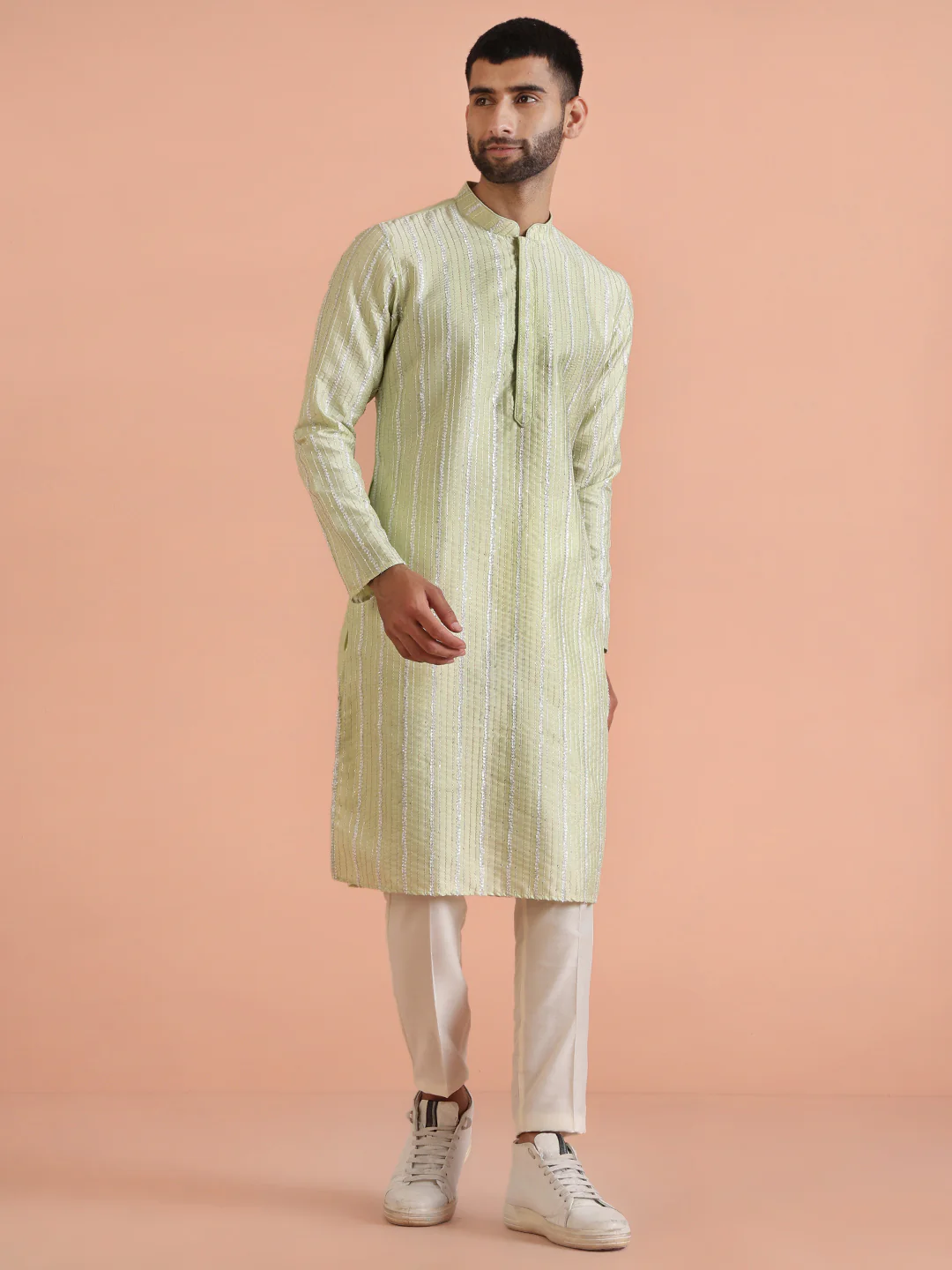 Men Green Kurta Trouser Set - Image 3