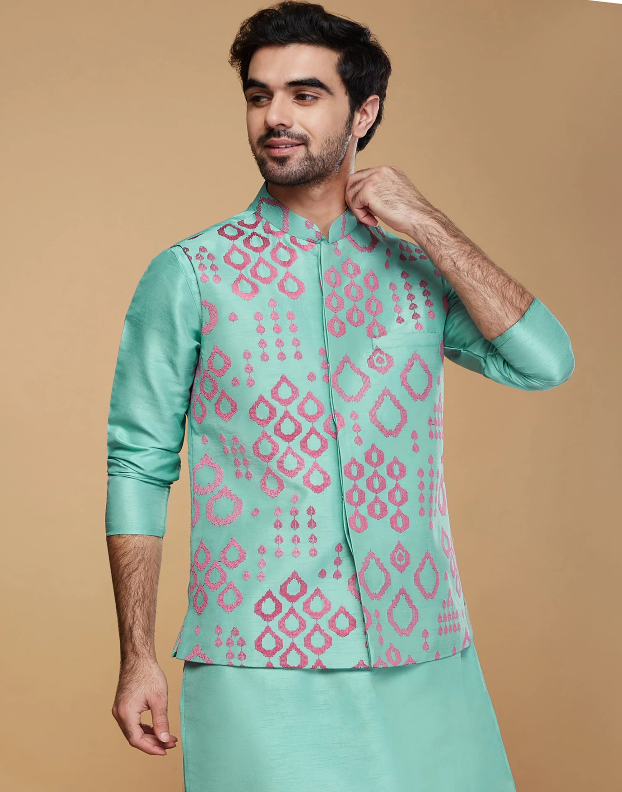 Men Green Embroidered Nehru Jacket - Image 2