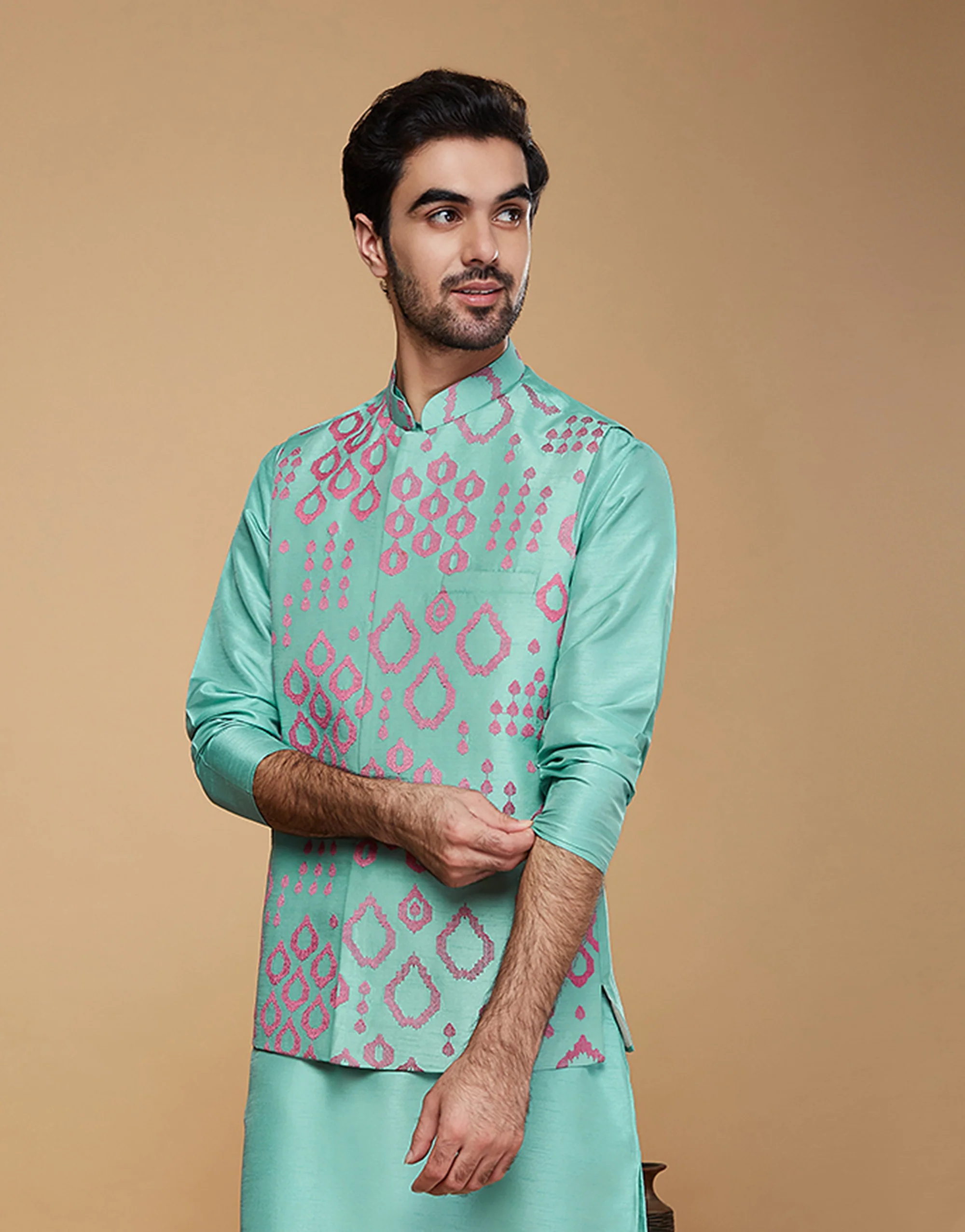 Men Green Embroidered Nehru Jacket - Image 3