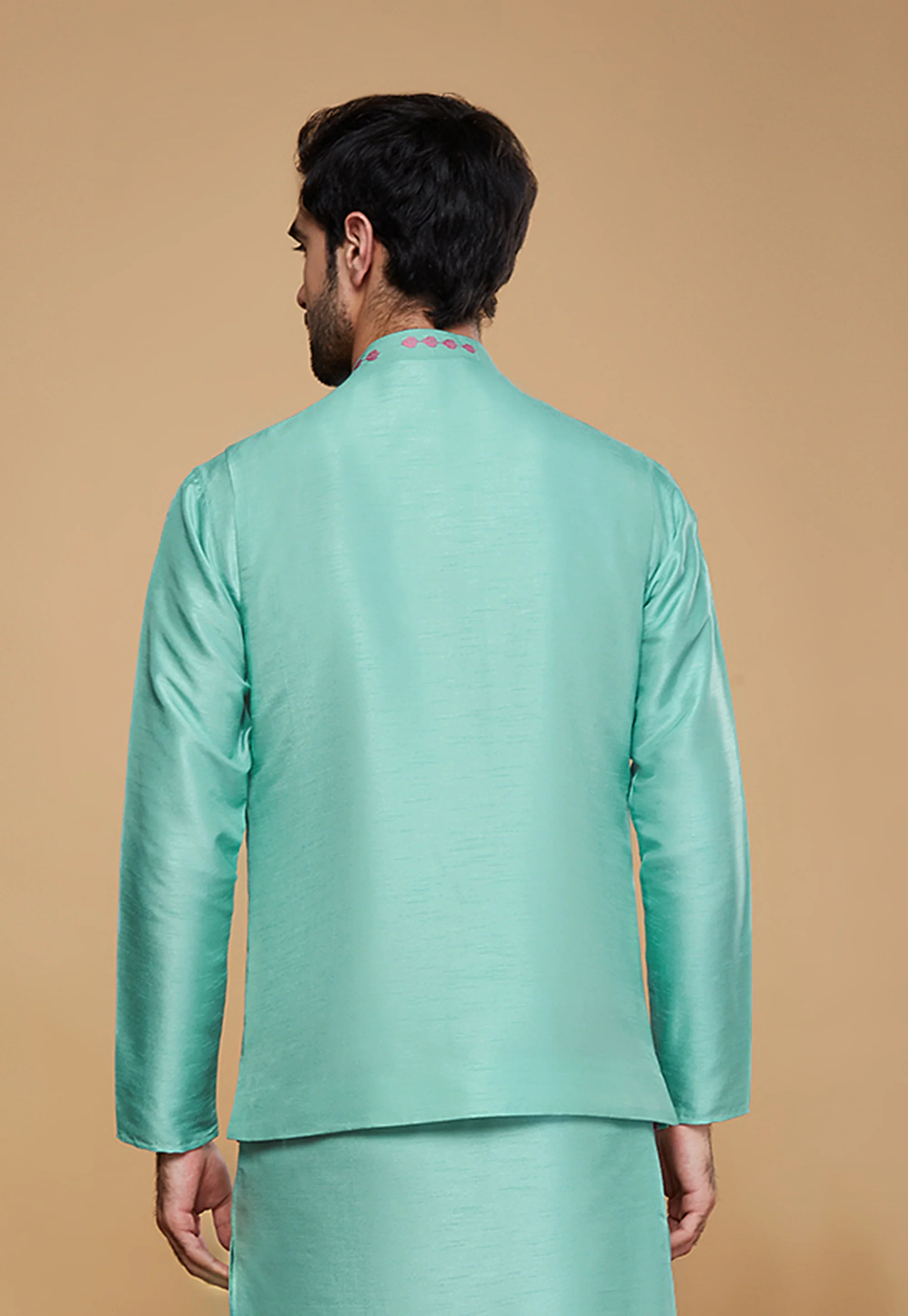 Men Green Embroidered Nehru Jacket - Image 4