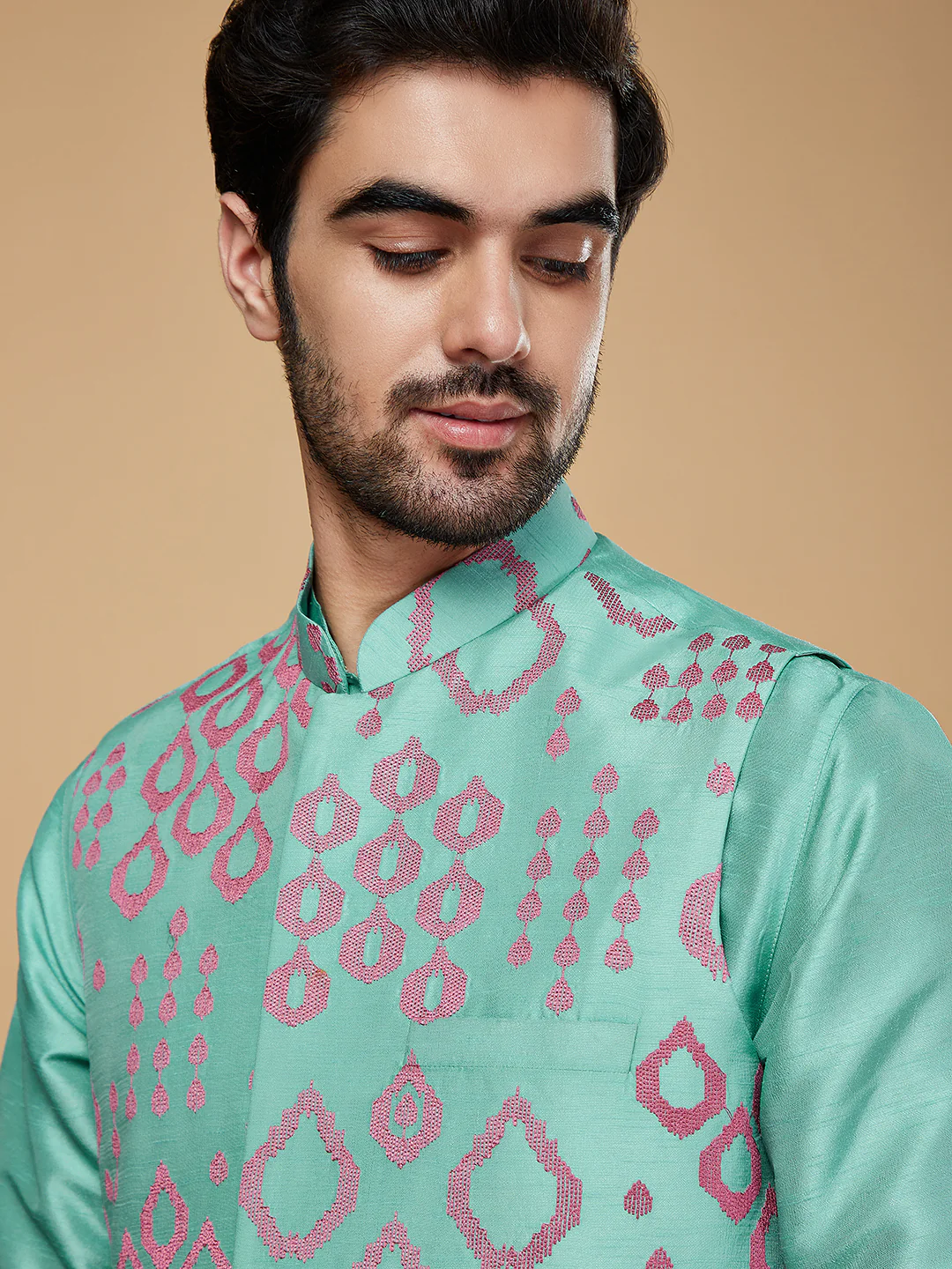 Men Green Embroidered Nehru Jacket - Image 5